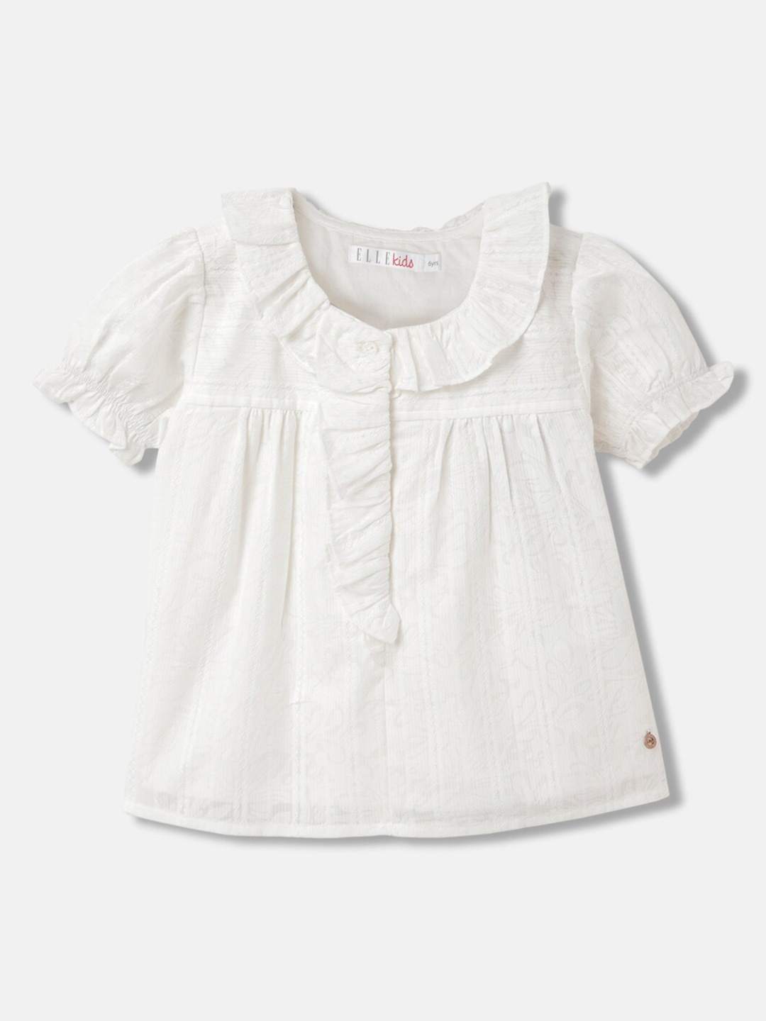 

ELLE Girls Self Design Peter Pan Collar Puff Sleeve Top, White