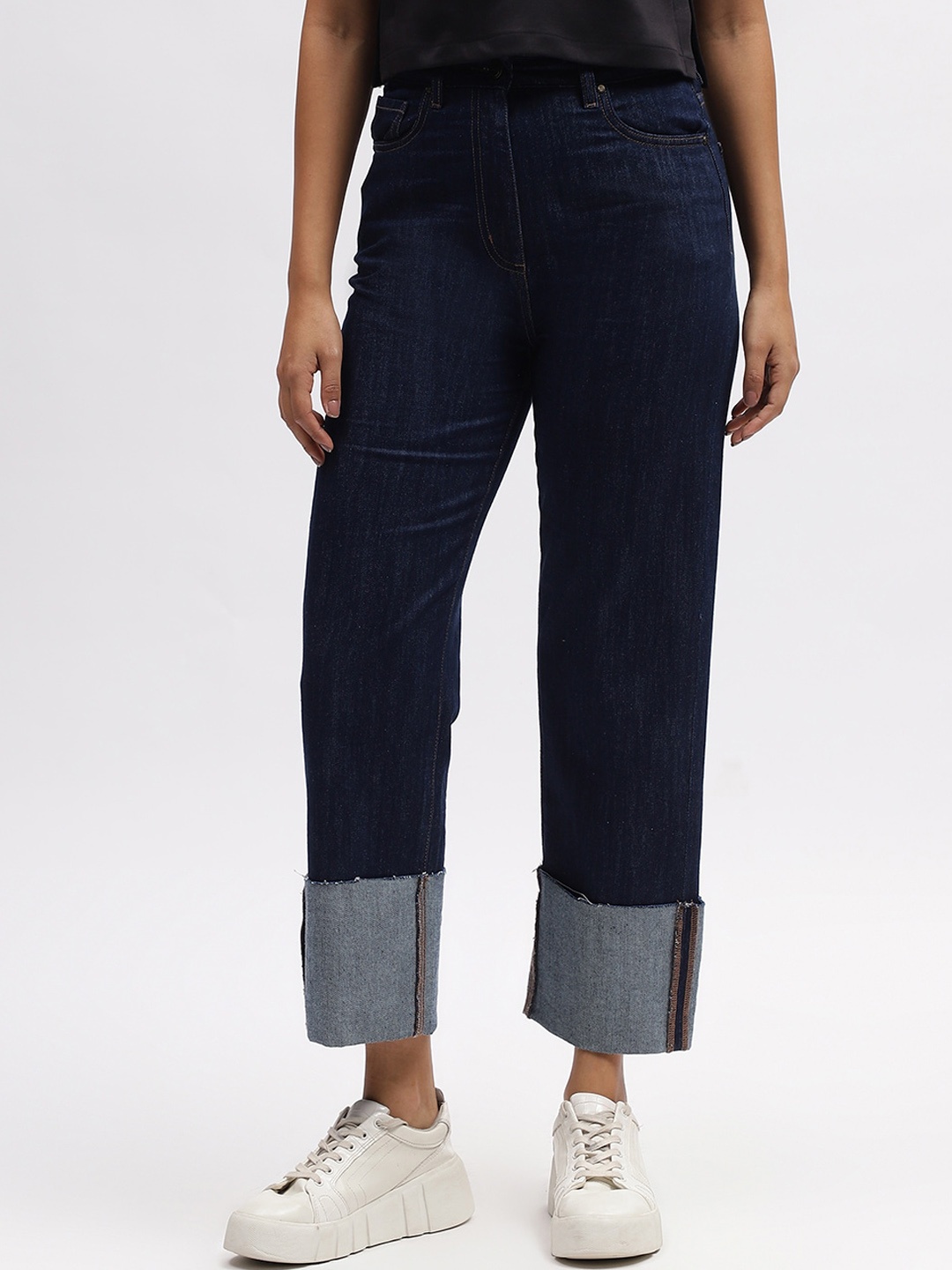 

ELLE Women Straight Fit Mid-Rise Clean Look Cotton Jeans, Blue