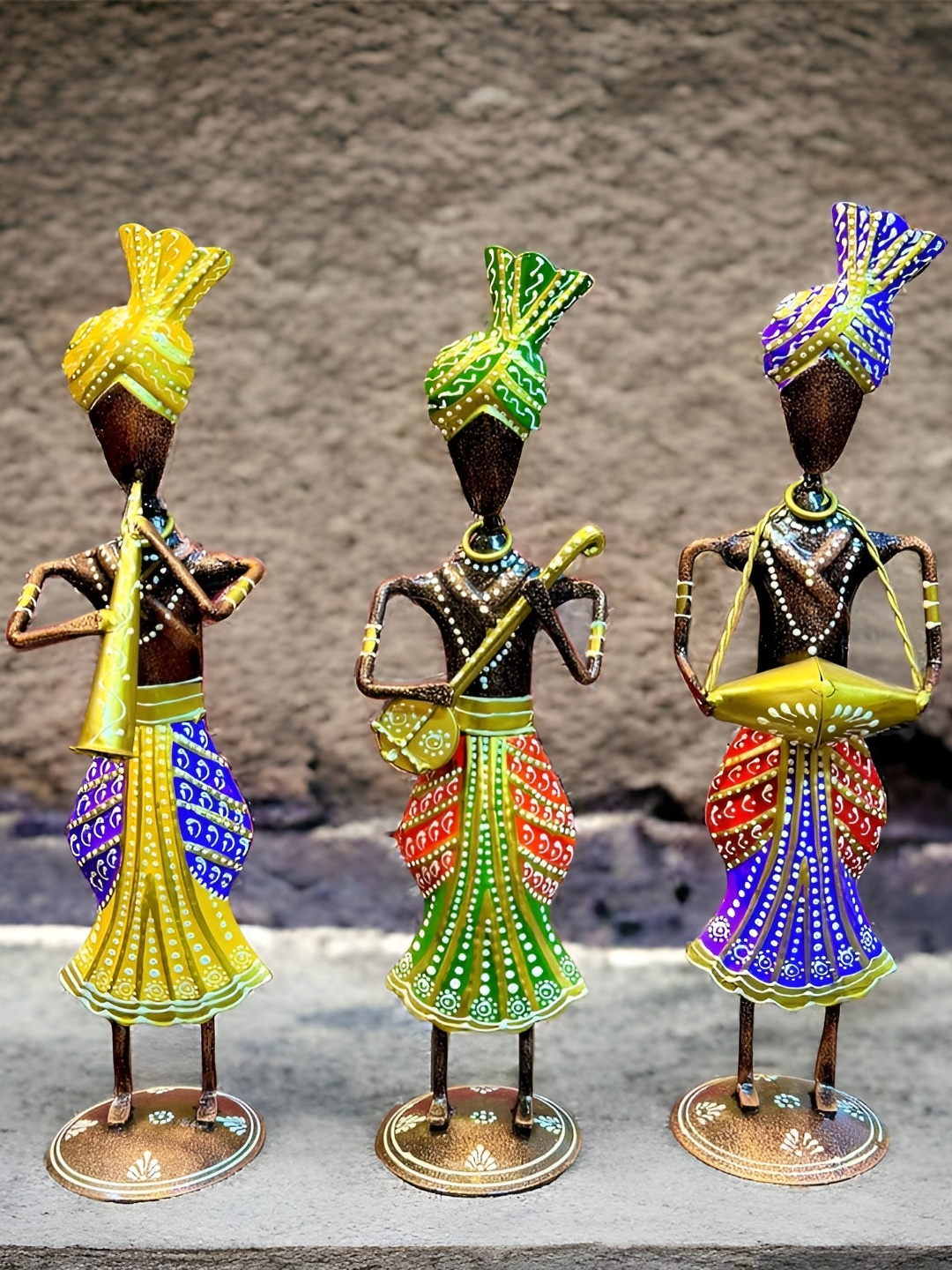 RSN Gold Toned & Blue 3 Pieces Printed Tribal Musician Metal Showpieces