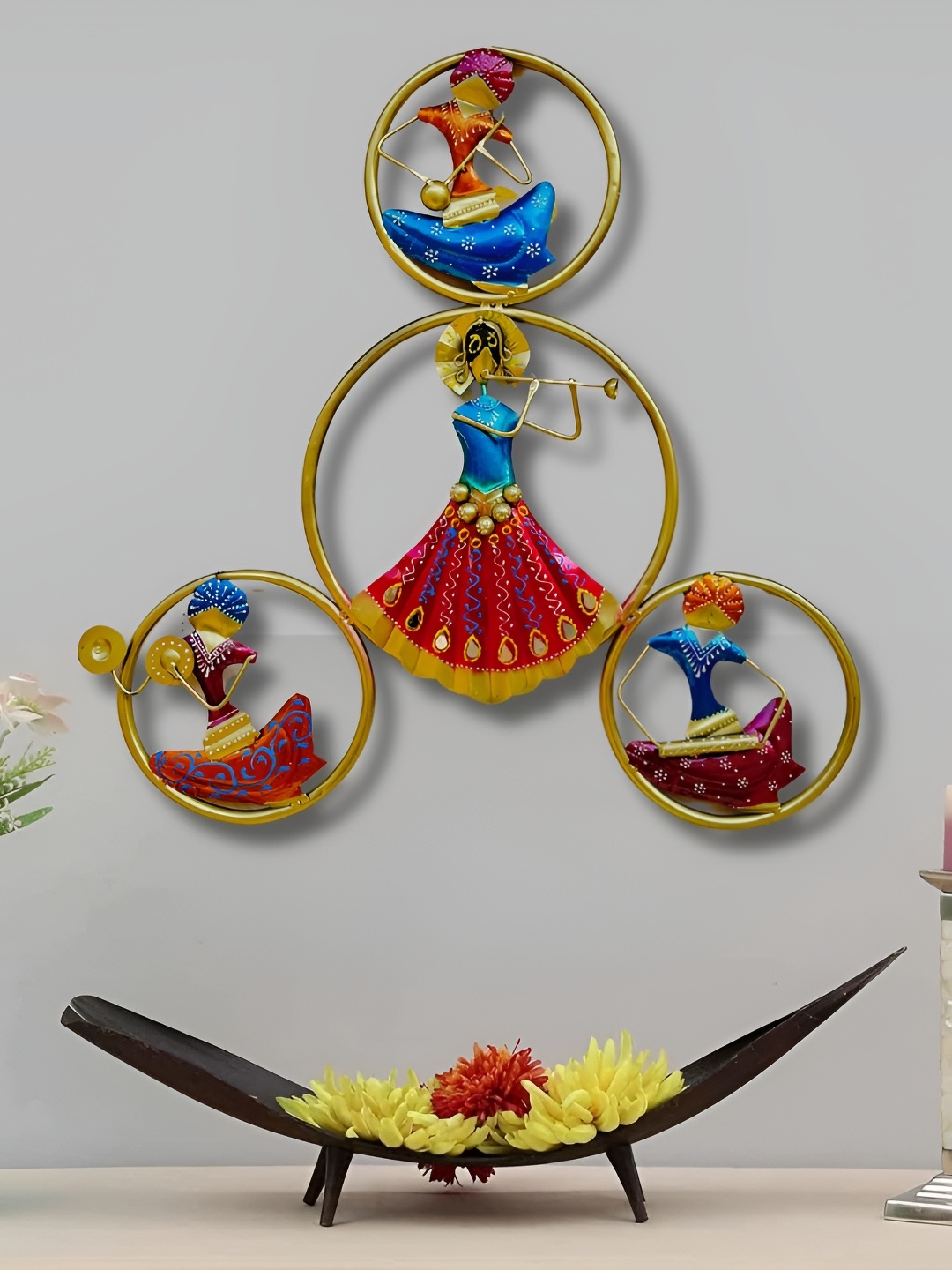 RSN Gold Toned & Red Metal Playing Musician Doll Framed Wall Hanging