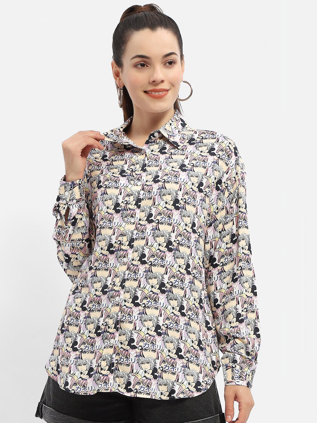 

Madame Graphic Printed Spread Collar Cuffed Sleeves Casual Shirt, Mauve