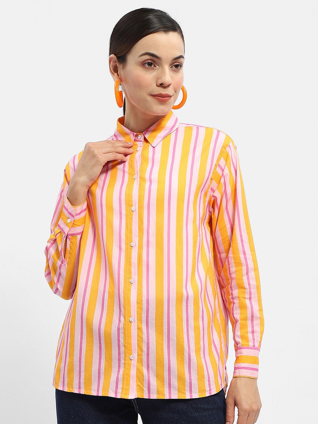 

Madame Striped Spread Collar Cuffed Sleeves Cotton Casual Shirt, Orange