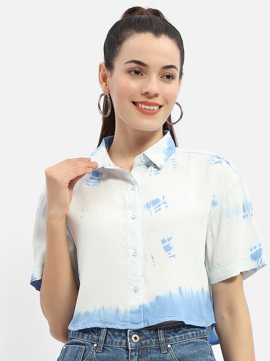 

Madame Spread Collar Abstract Printed Casual Denim Shirt, White