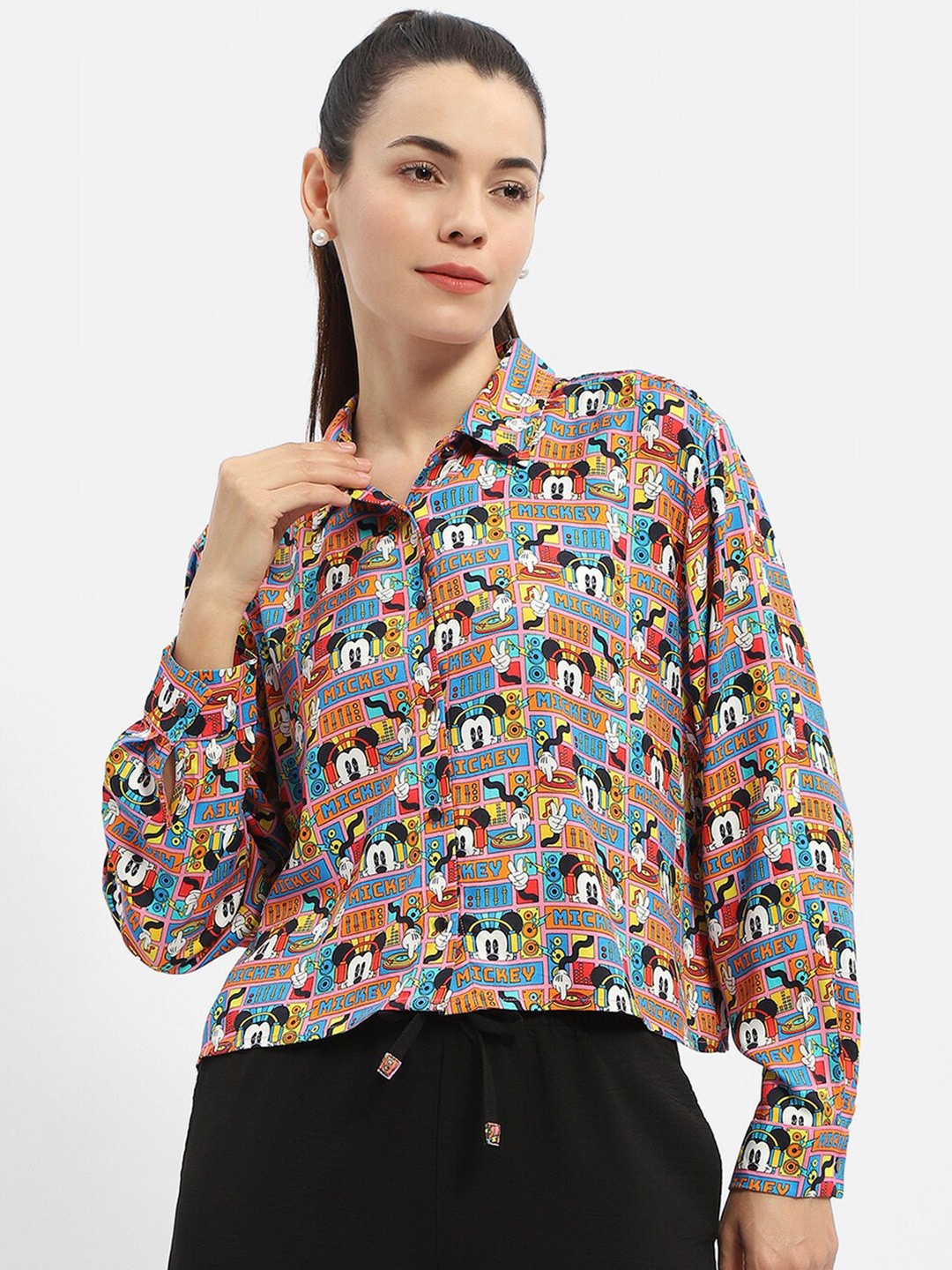 

Madame Spread Collar Mickey Printed Casual Shirt, Orange