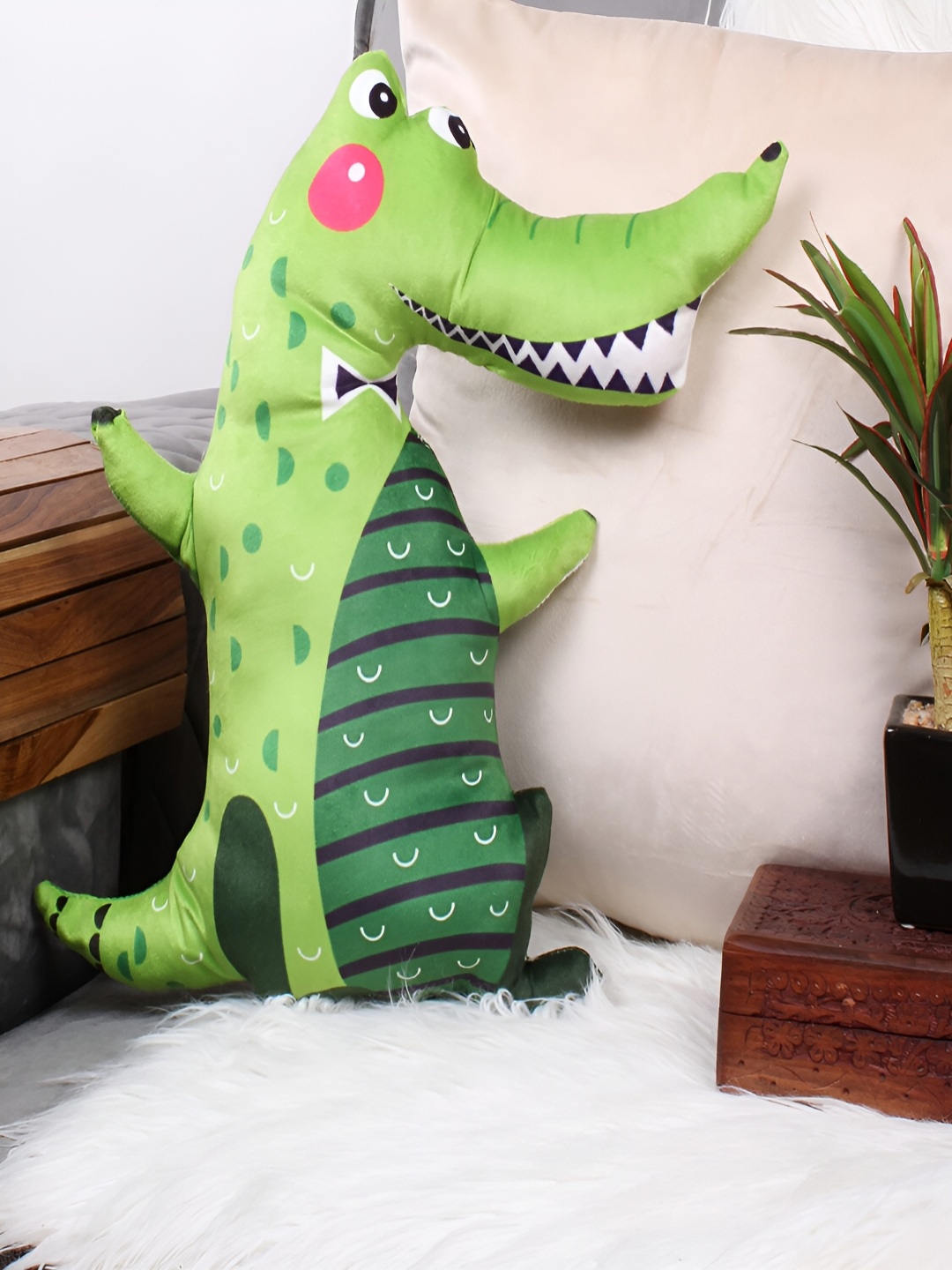 

STITCHNEST Green Printed Crocodile Shaped Velvet Pre-Filled Cushion