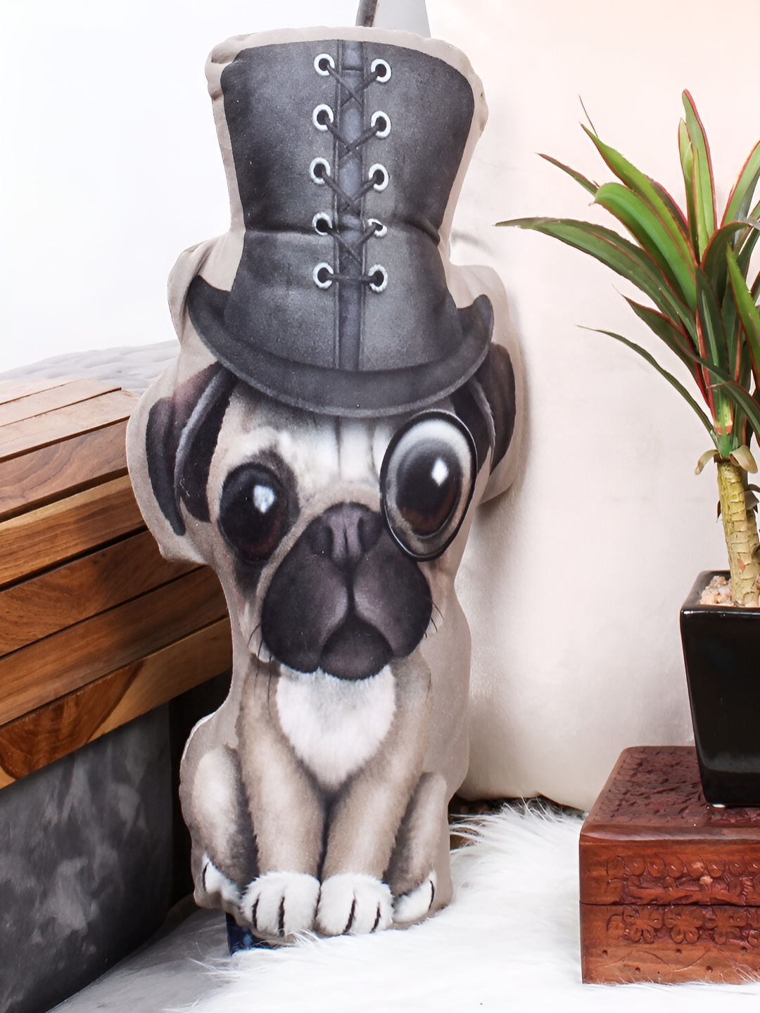 

STITCHNEST Brown Printed Dog Shaped Velvet Pre-Filled Cushion