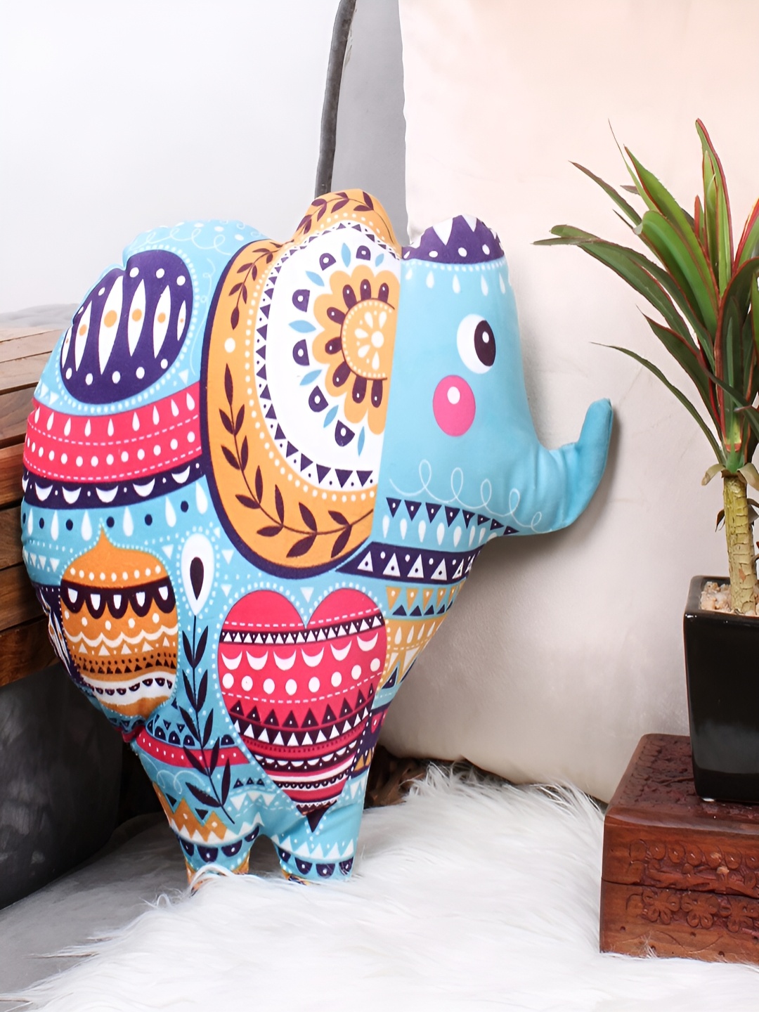 

STITCHNEST Blue Printed Elephant Shaped Velvet Pre-Filled Cushion