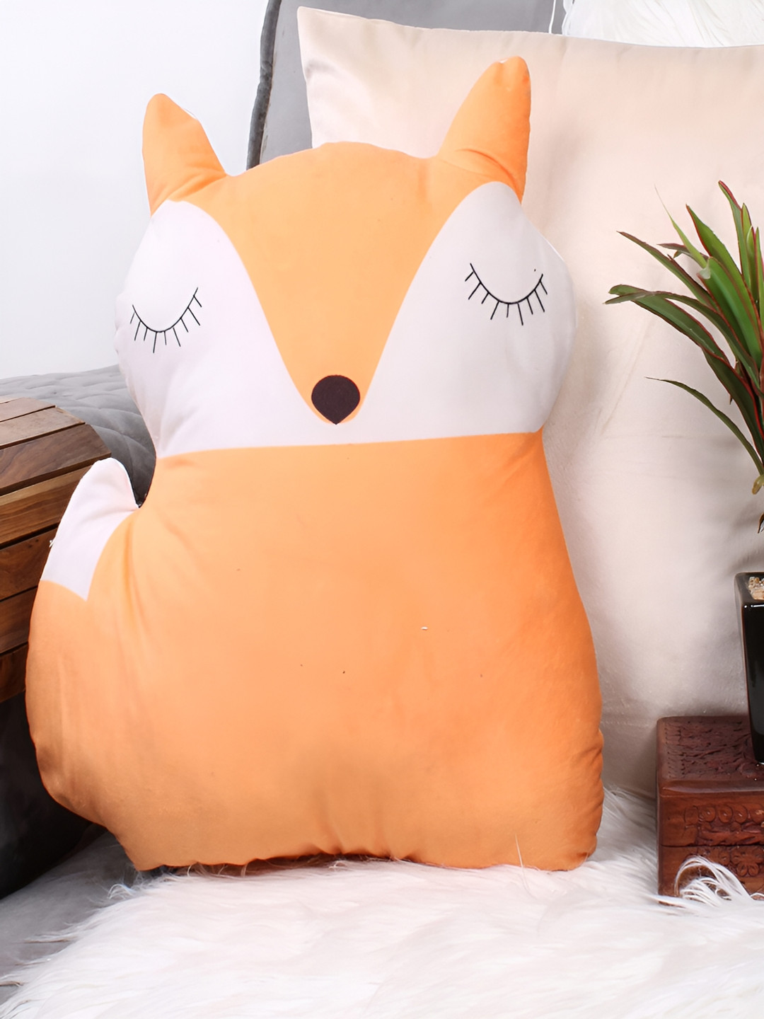 

STITCHNEST Orange & White Printed Fox Shaped Velvet Pre-Filled Cushion
