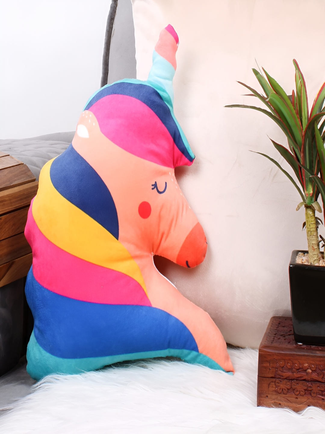 

STITCHNEST Blue Printed Unicorn Shaped Velvet Pre-Filled Cushion