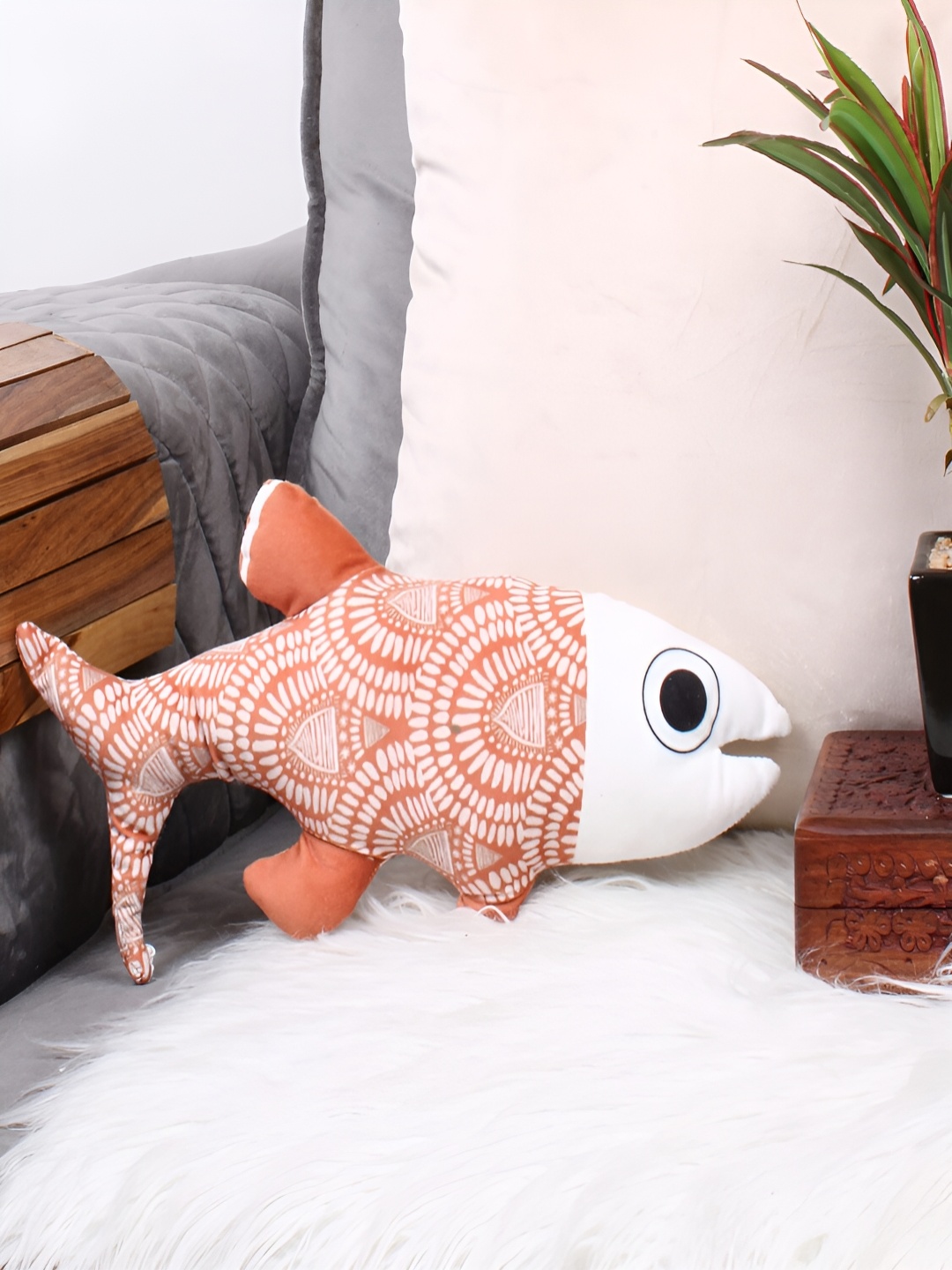 STITCHNEST Brown & White Printed Fish Shaped Velvet Pre-Filled Cushion