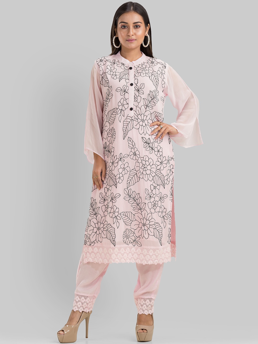 SACRED SUTA Floral Printed Regular Silk Georgette Kurta with Trouser, Pink
