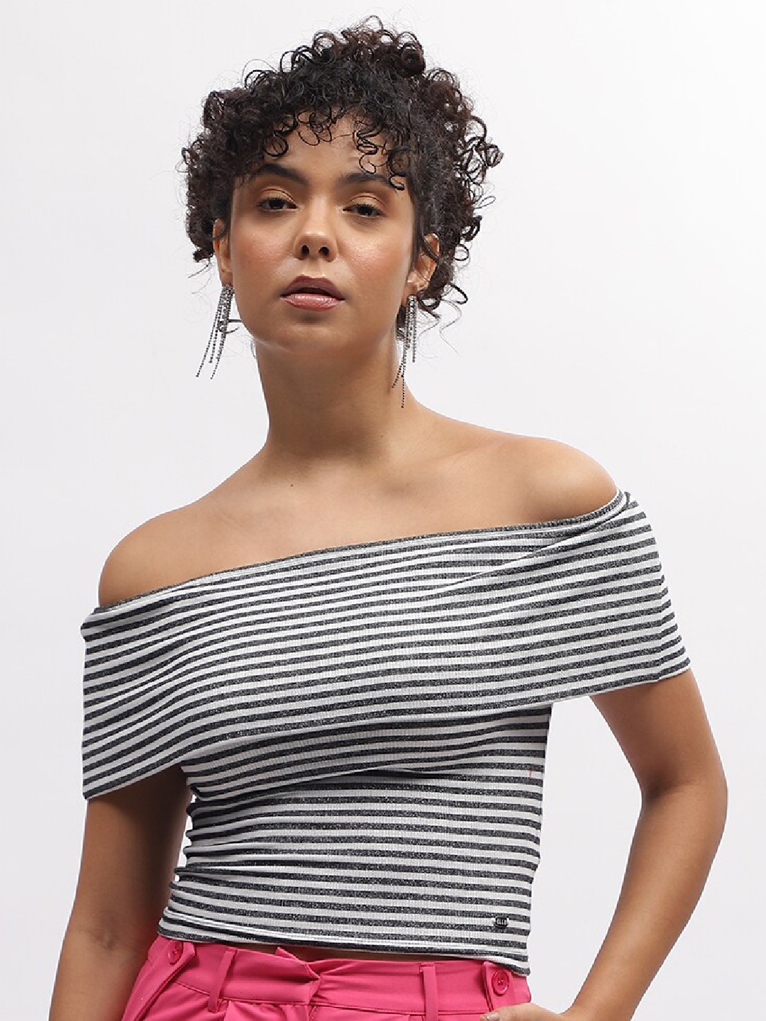 

ELLE Striped Off-Shoulder Bardot Top, Black