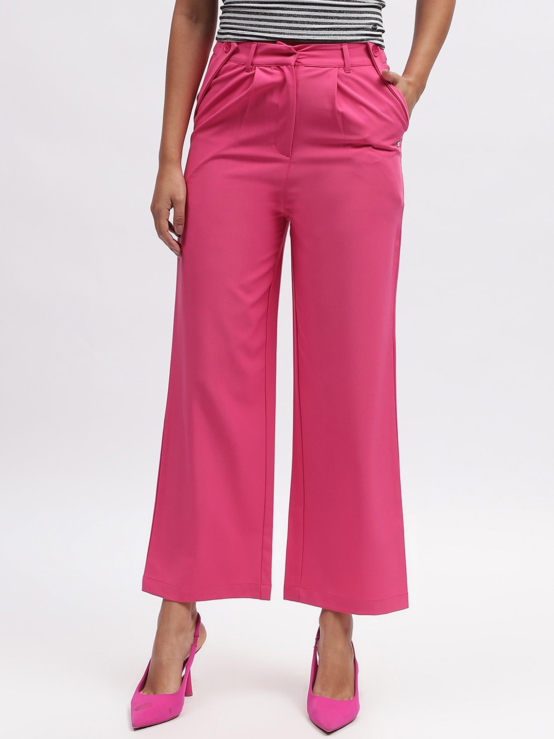 

ELLE Women Straight Fit High-Rise Pleated Trousers, Fuchsia