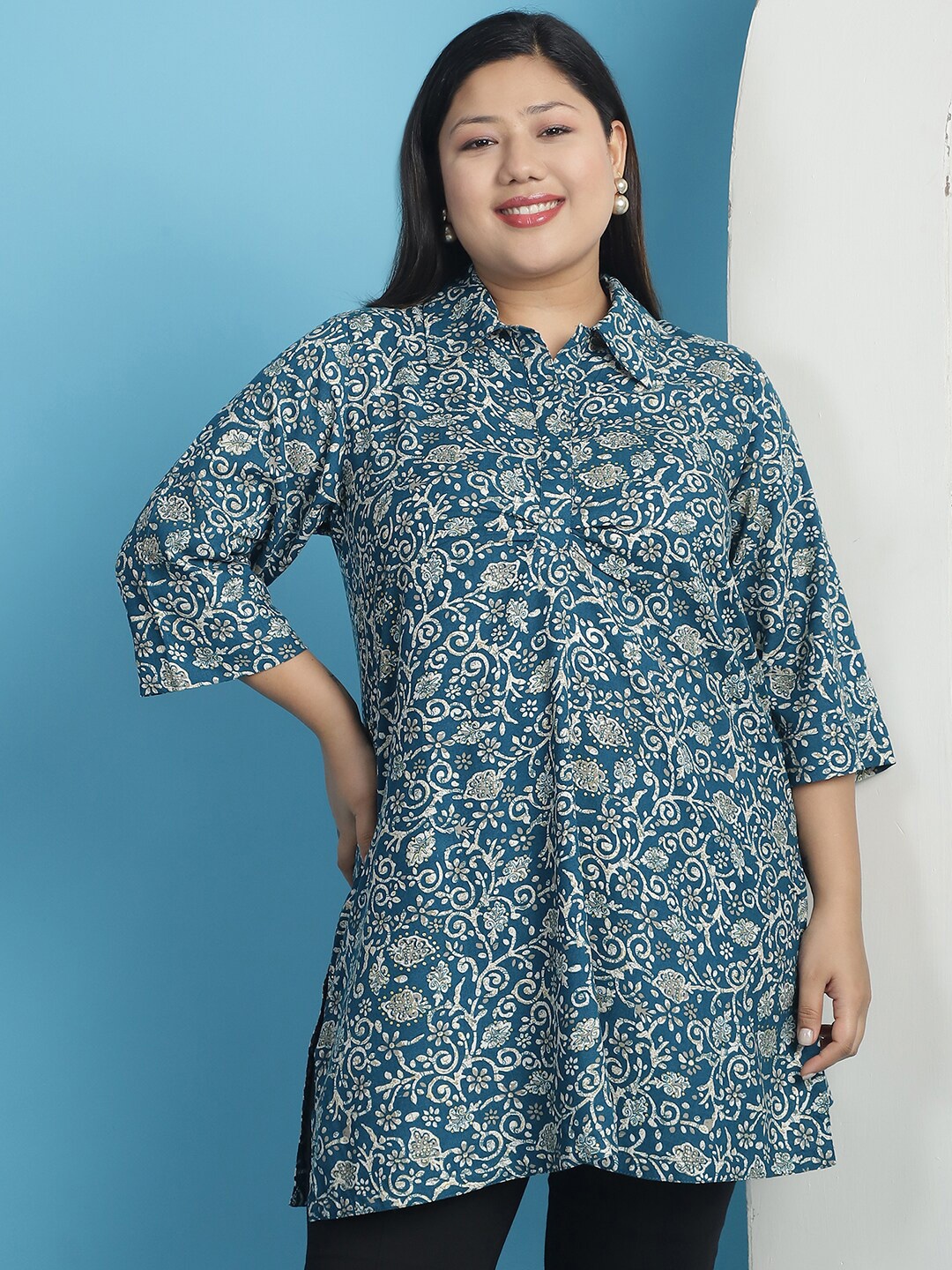 

theRebelinme Plus Size Floral Print Shirt Style Gathered Or Pleated Longline Top, Teal