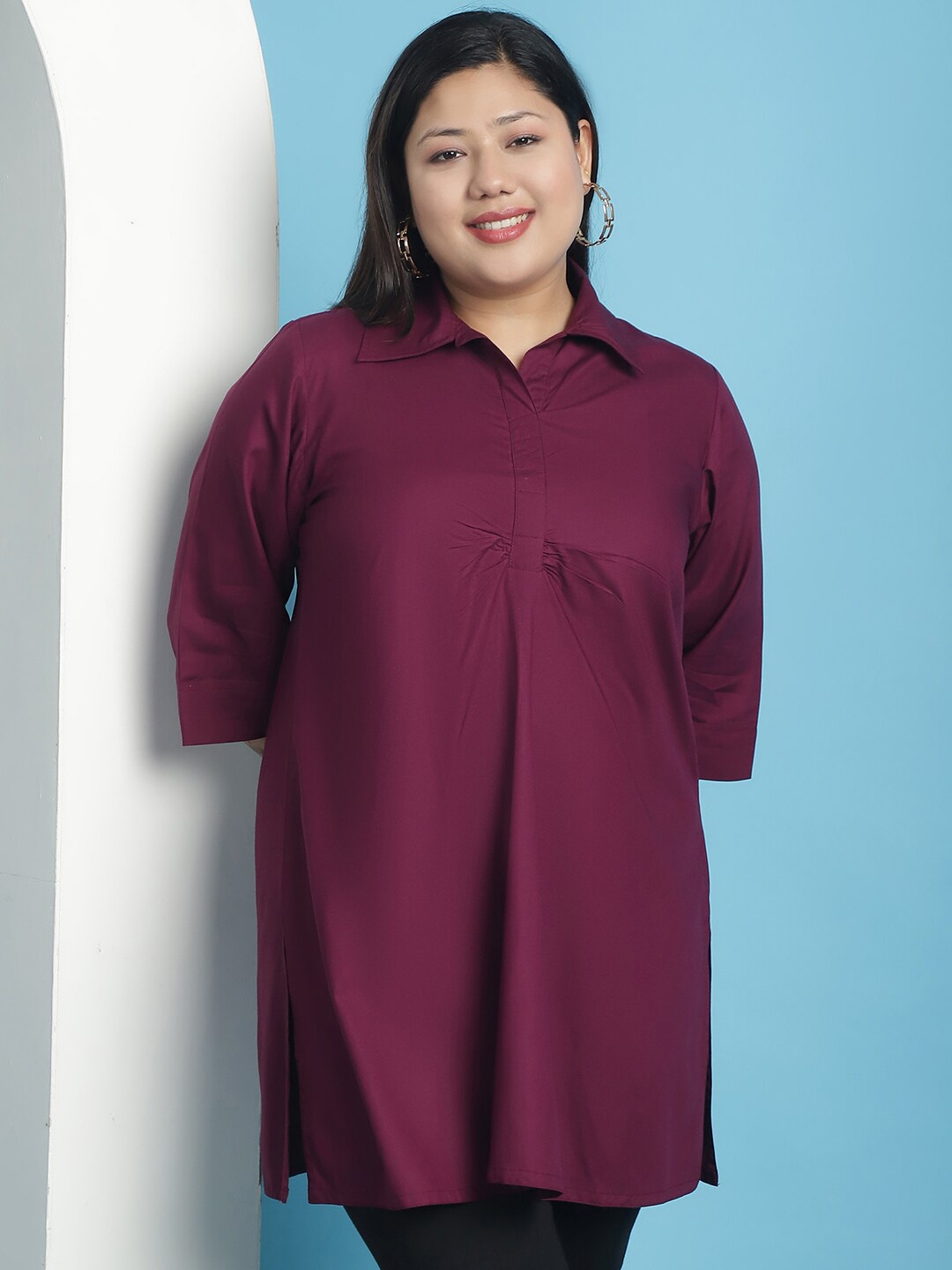 

theRebelinme Plus Size Pleated Shirt Style Longline Top, Burgundy