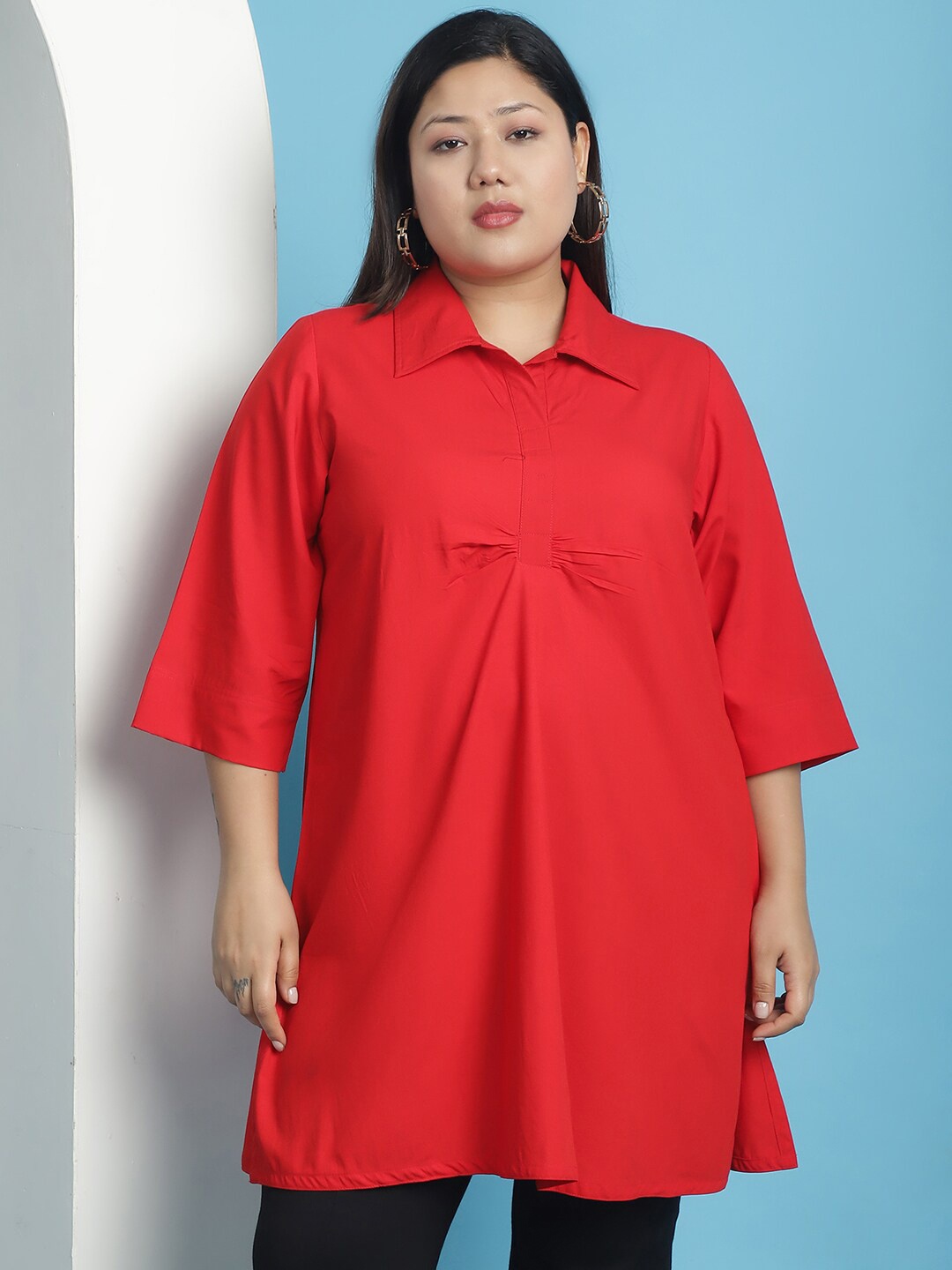 

theRebelinme Plus Size Shirt Style Gathered Or Pleated Longline Top, Red