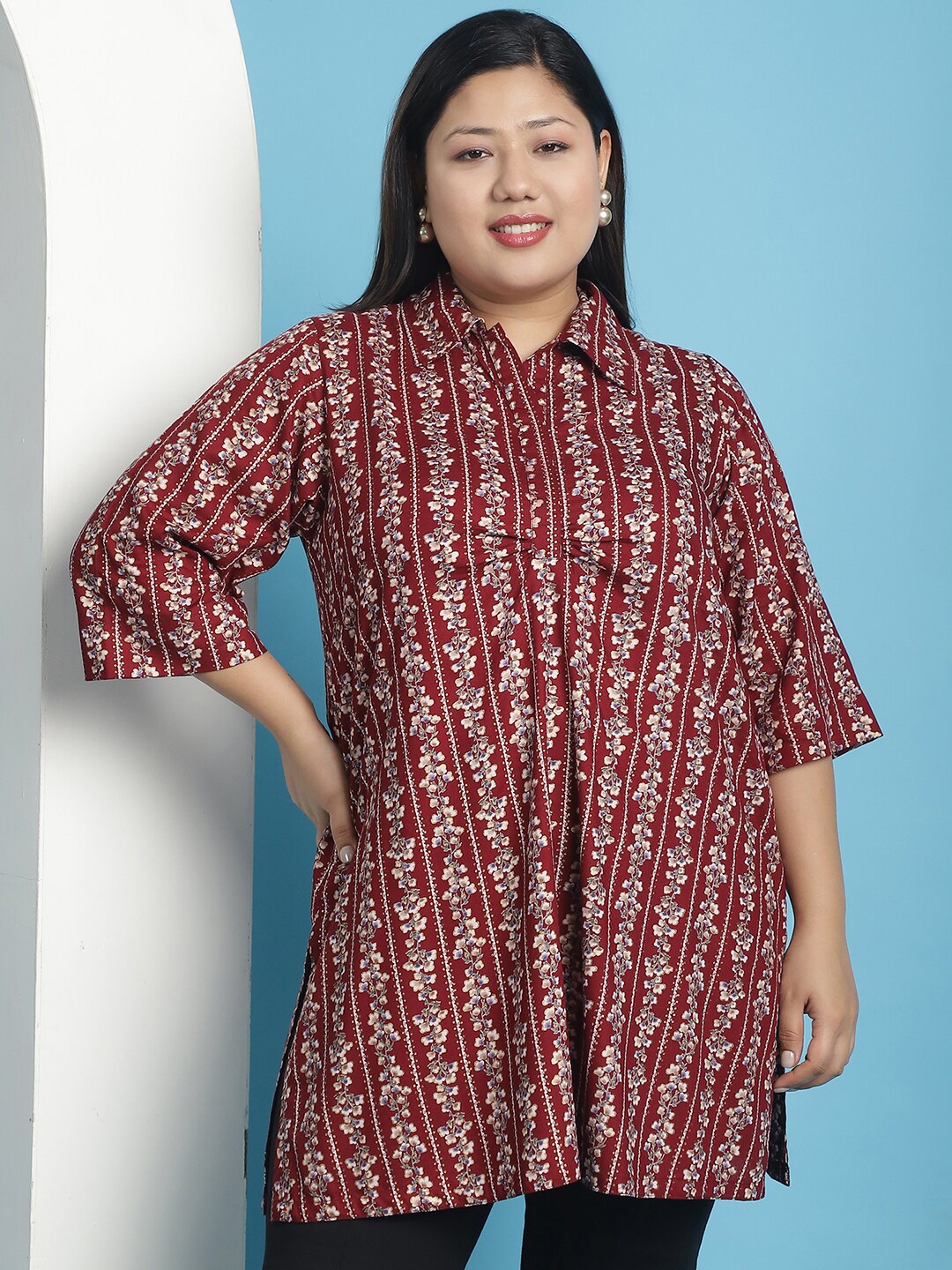 

theRebelinme Plus Size Floral Print Shirt Style Gathered Or Pleated Longline Top, Maroon