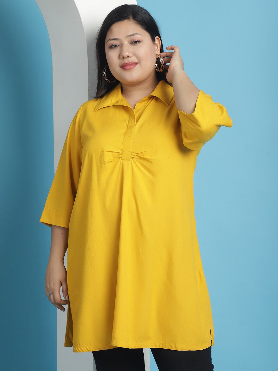 

theRebelinme Plus Size Shirt Style Gathered Or Pleated Longline Top, Mustard