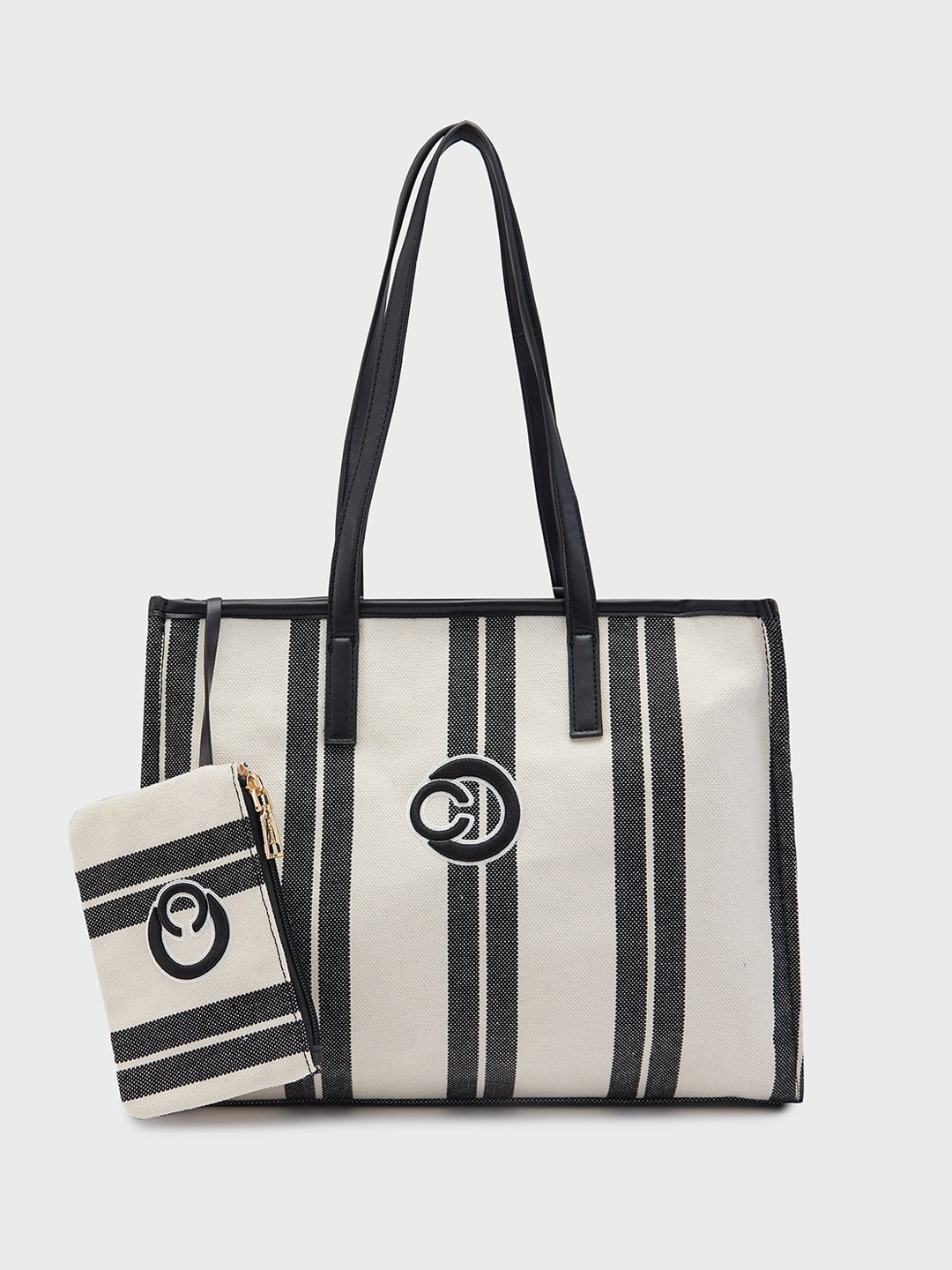 Caprese Striped Oversized Structured Shoulder Bag, Black