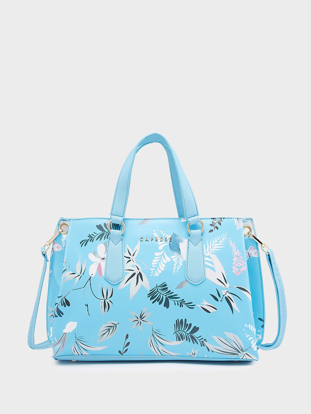 

Caprese Printed PU Shopper Handheld Bag with Cut Work, Blue