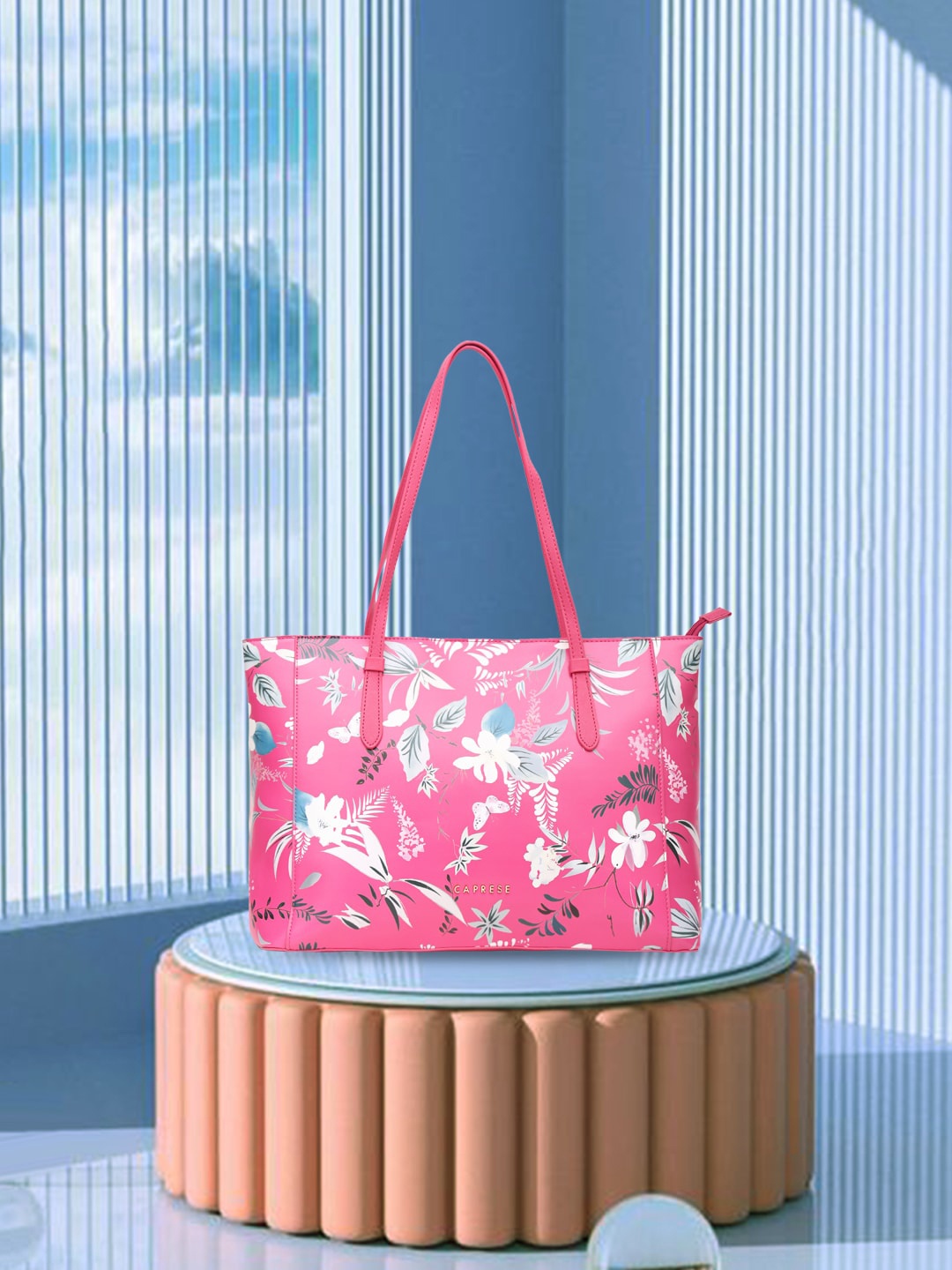 

Caprese Floral Printed PU Shopper Handheld Bag with Fringed, Pink