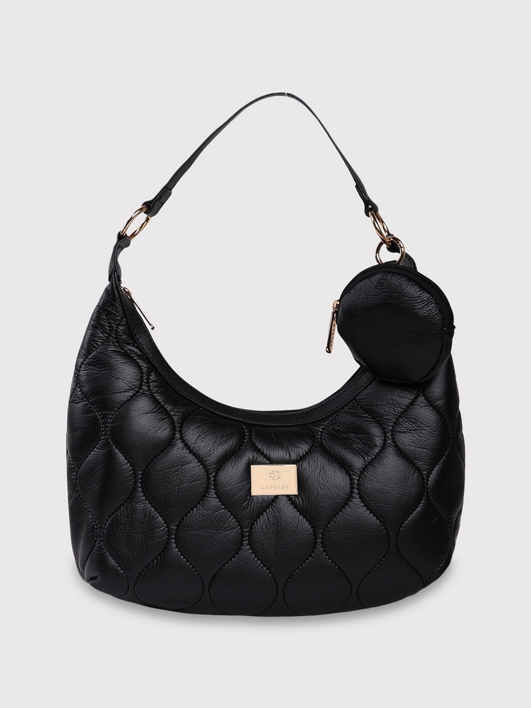 

Caprese Textured Quilted Detailed Half Moon Hobo Bag, Black