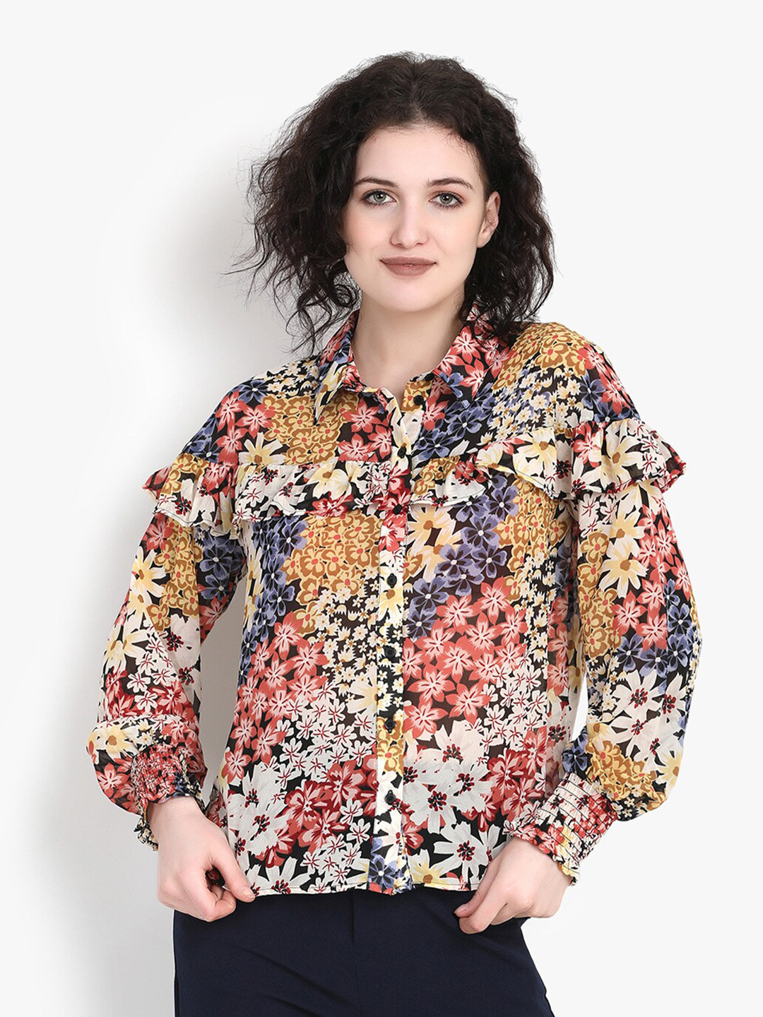 

putsum Classic Floral Printed Ruffles Casual Shirt, Beige