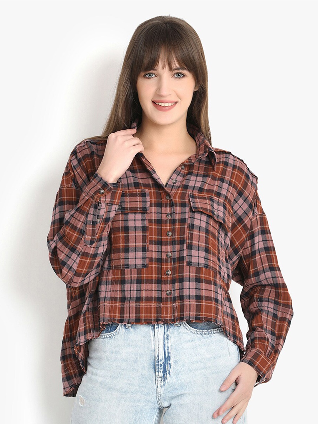 

putsum Classic Boxy Tartan Checked Cotton Casual Shirt, Brown