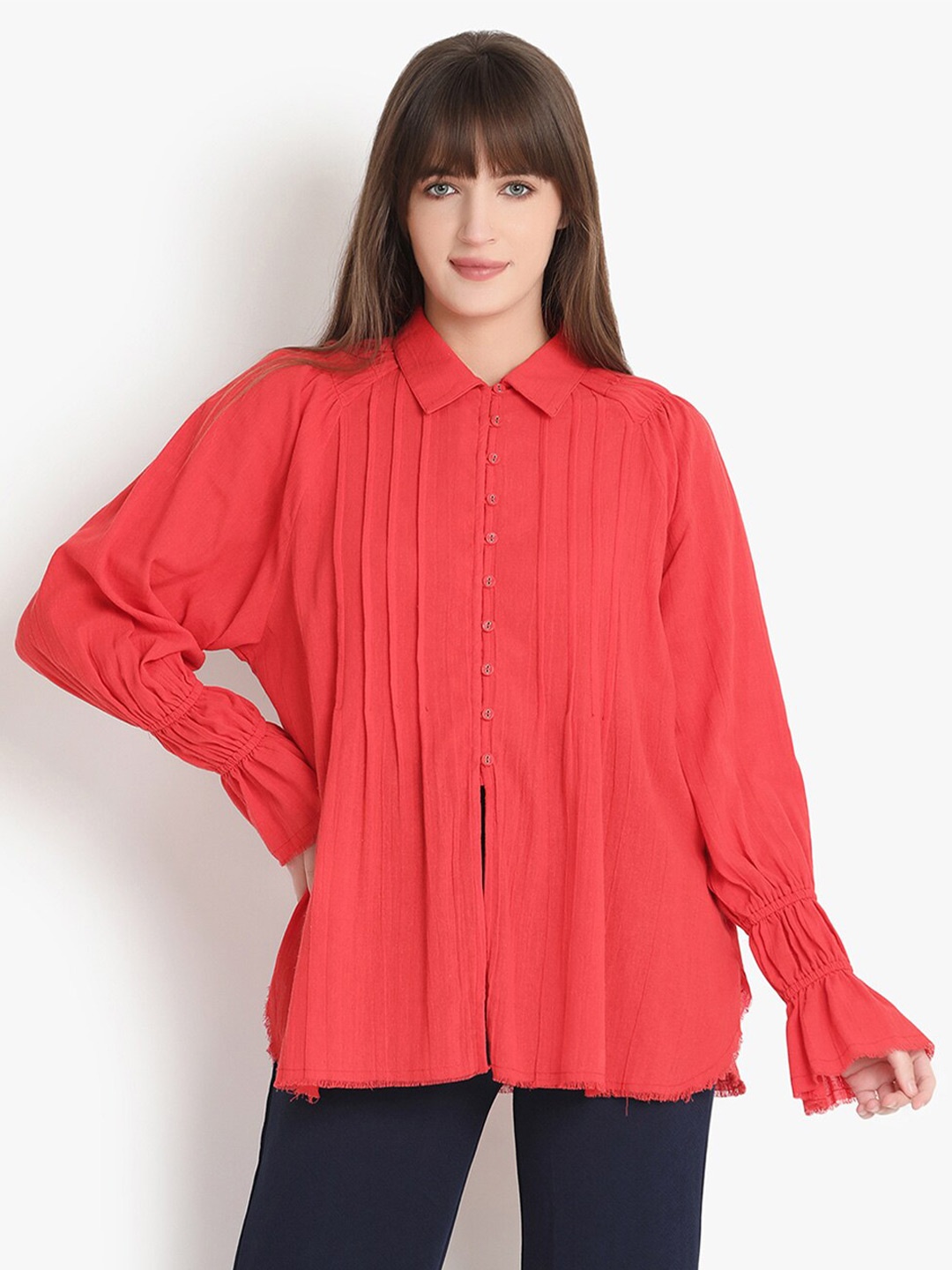 

putsum Classic Spread Collar Long Bishop sleeves Pin Tucks Casual Shirt, Red