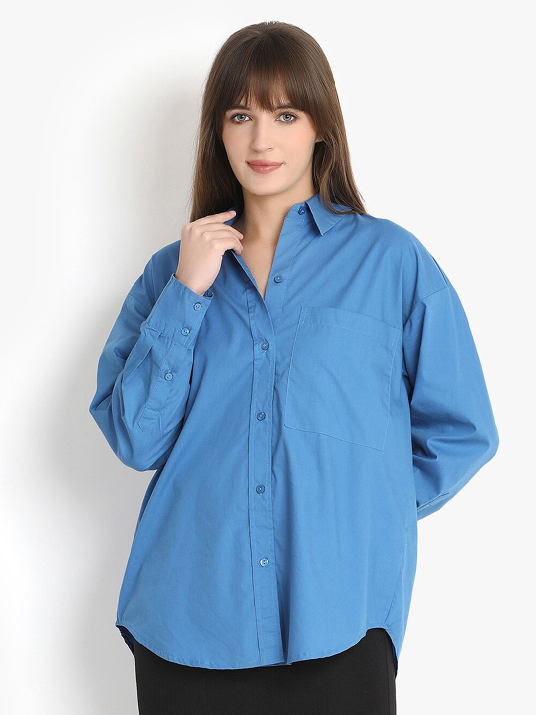 

putsum Classic Spread Collar Long Sleeves Cotton Casual Oversized Shirt, Blue
