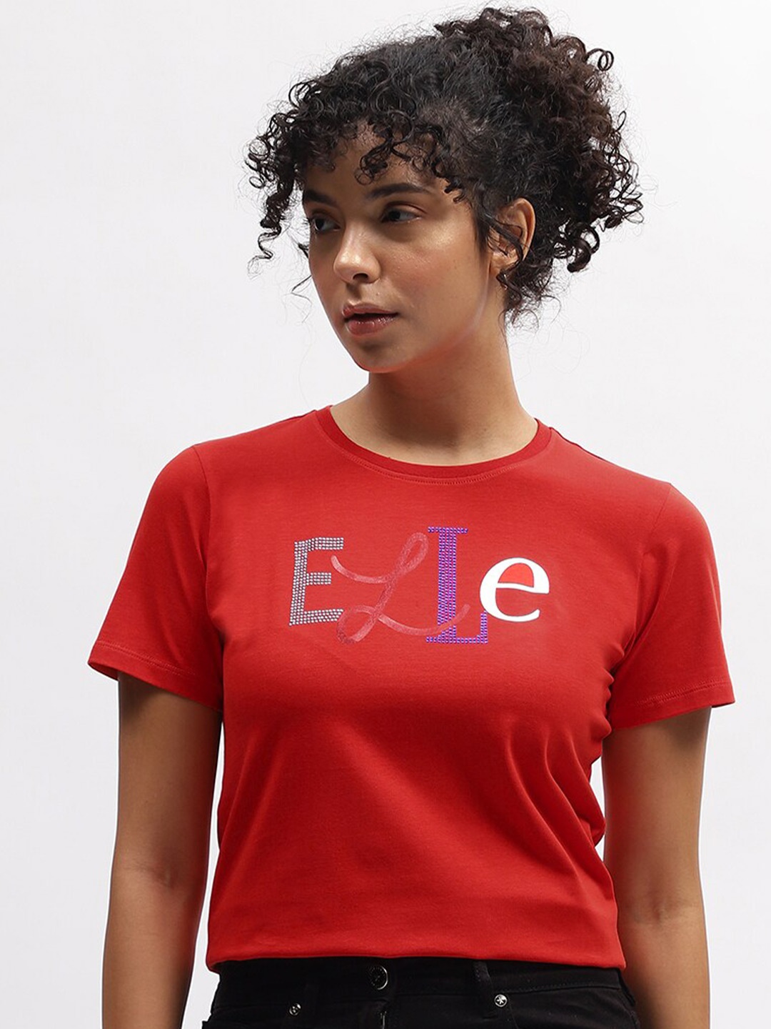 

ELLE Typography Printed Round Neck Relaxed Fit T-shirt, Red