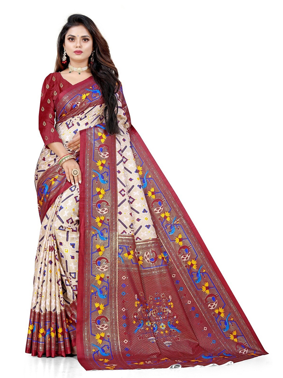 

Pemal Designer Geometric Printed Saree, Cream