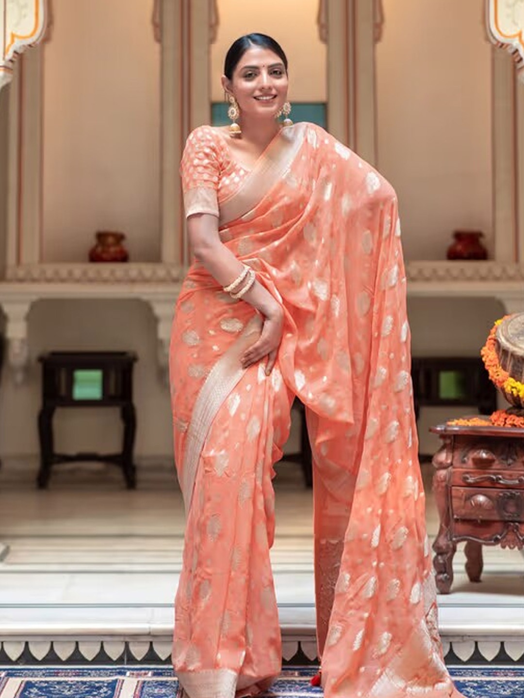 

PHEASANT Ethnic Motifs Woven Design Zari Pure Georgette Banarasi Saree, Peach