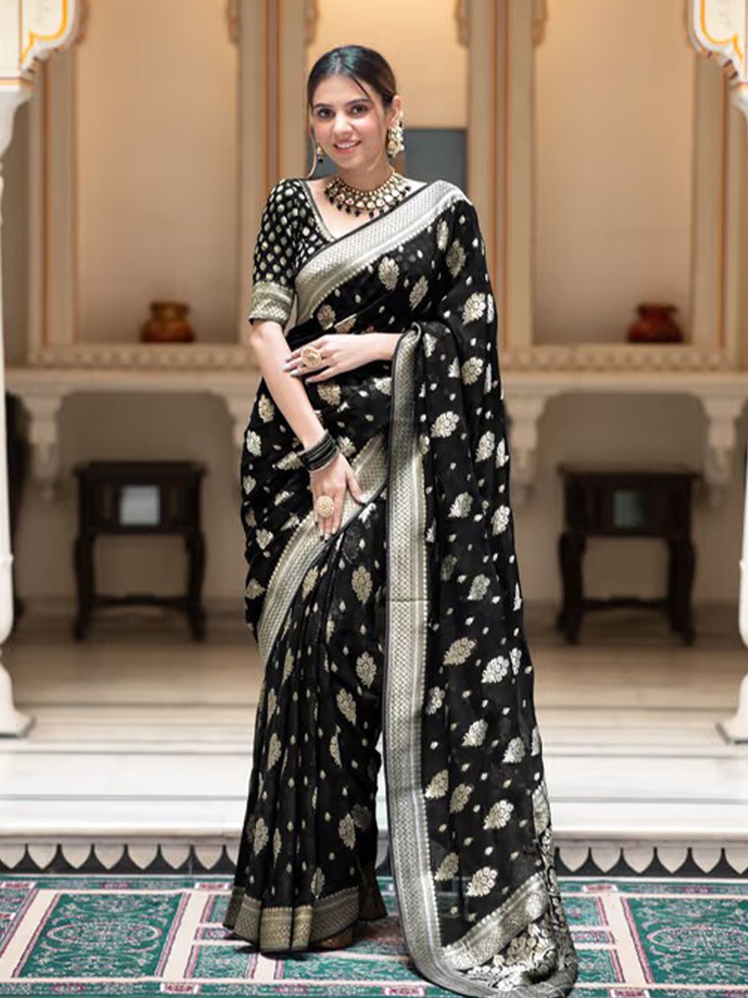 

PHEASANT Ethnic Motifs Woven Design Zari Pure Georgette Banarasi Saree, Black