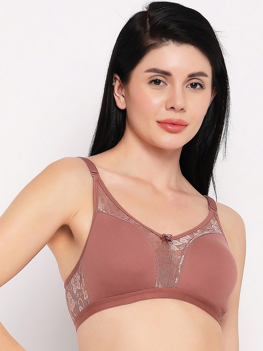 

TOFTY Laced Cotton T-shirt Bra Full Coverage Non Padded Non-Wired Super Support Bra, Rust