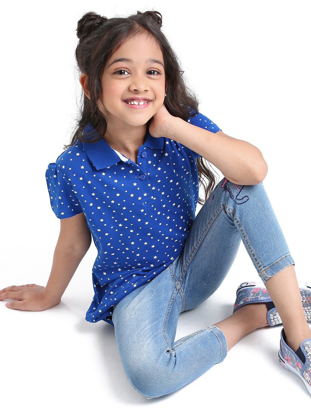 

Honeyhap Girls Printed Polo Collar T-shirt, Blue