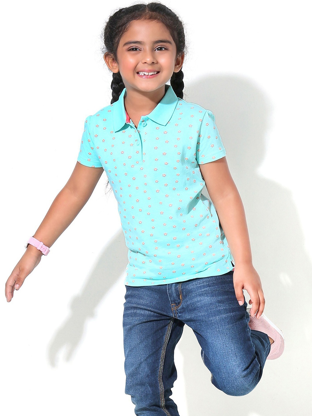 

Honeyhap Girls Floral Printed Polo Collar Bio Finish Cotton T-shirt, Blue