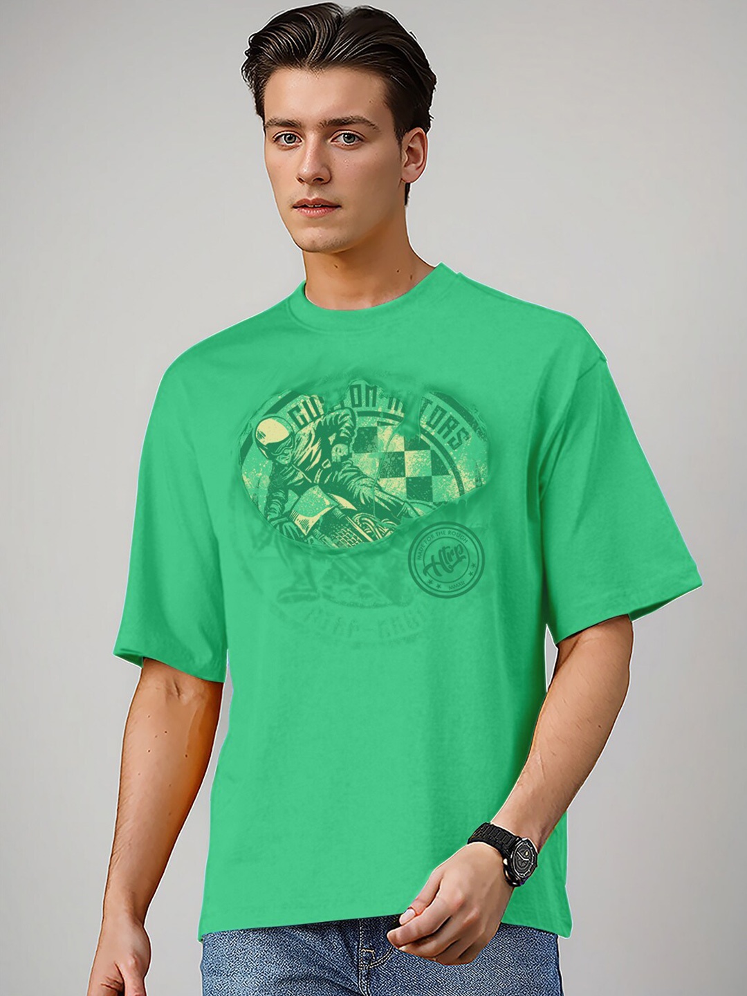 

Huetrap Biker Printed Relaxed Fit Cotton T-shirt, Green