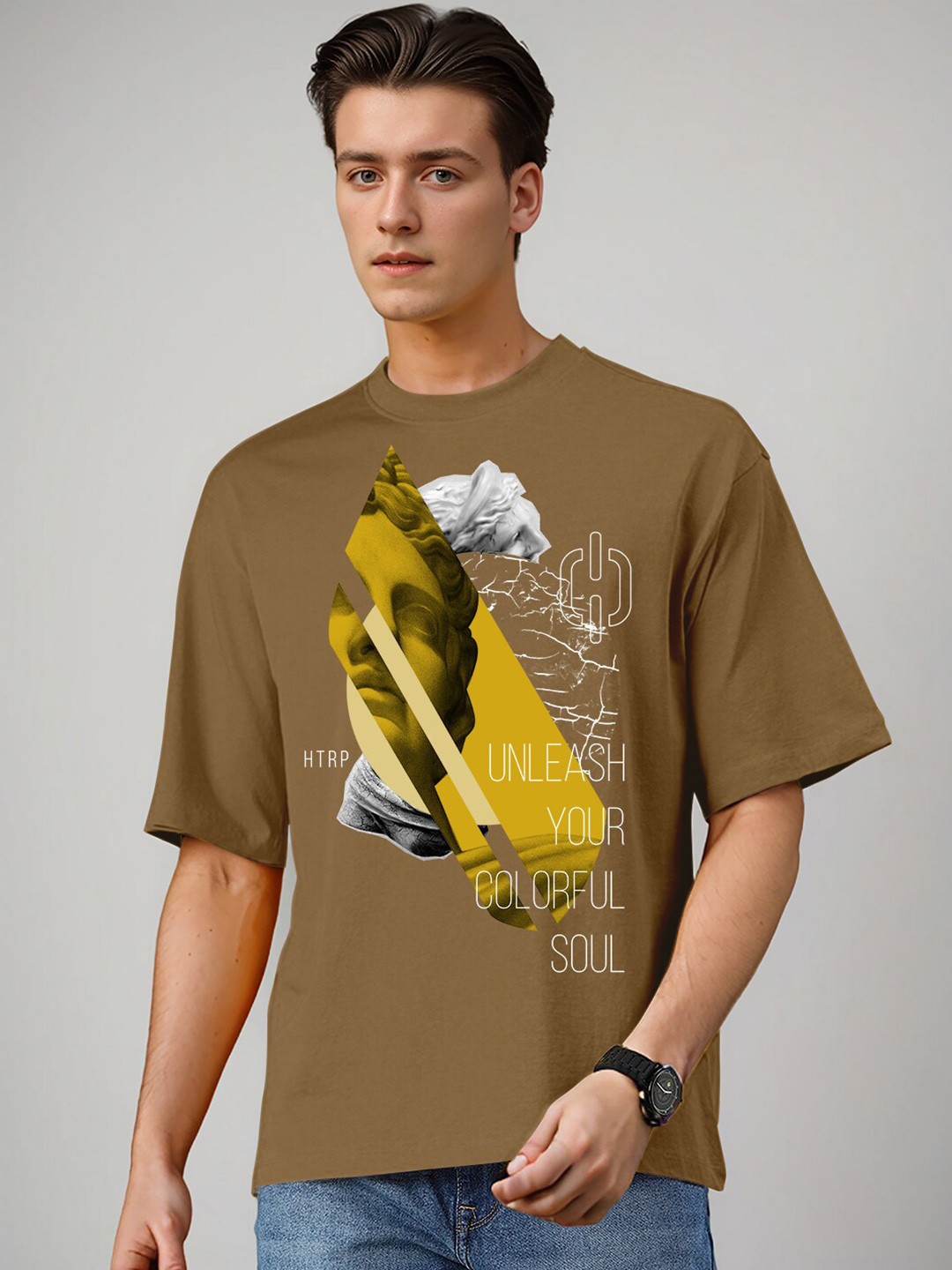 

Huetrap Graphic Printed Relaxed Fit Cotton T-shirt, Coffee brown