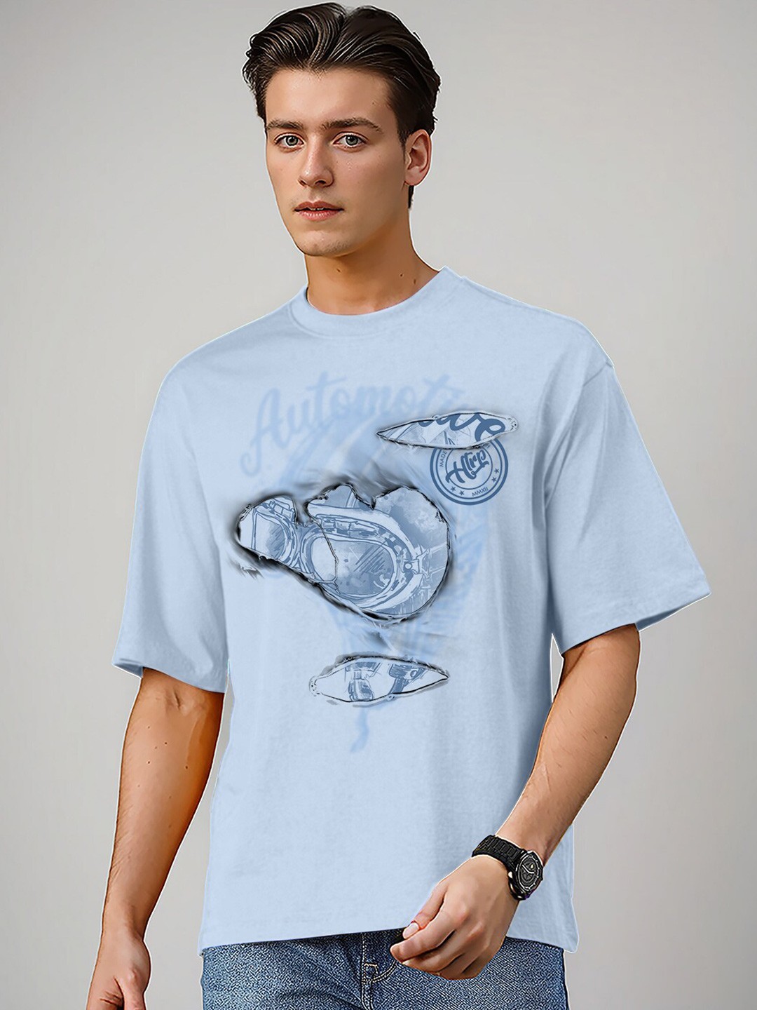 

Huetrap Graphic Printed Relaxed Fit Cotton T-shirt, Blue