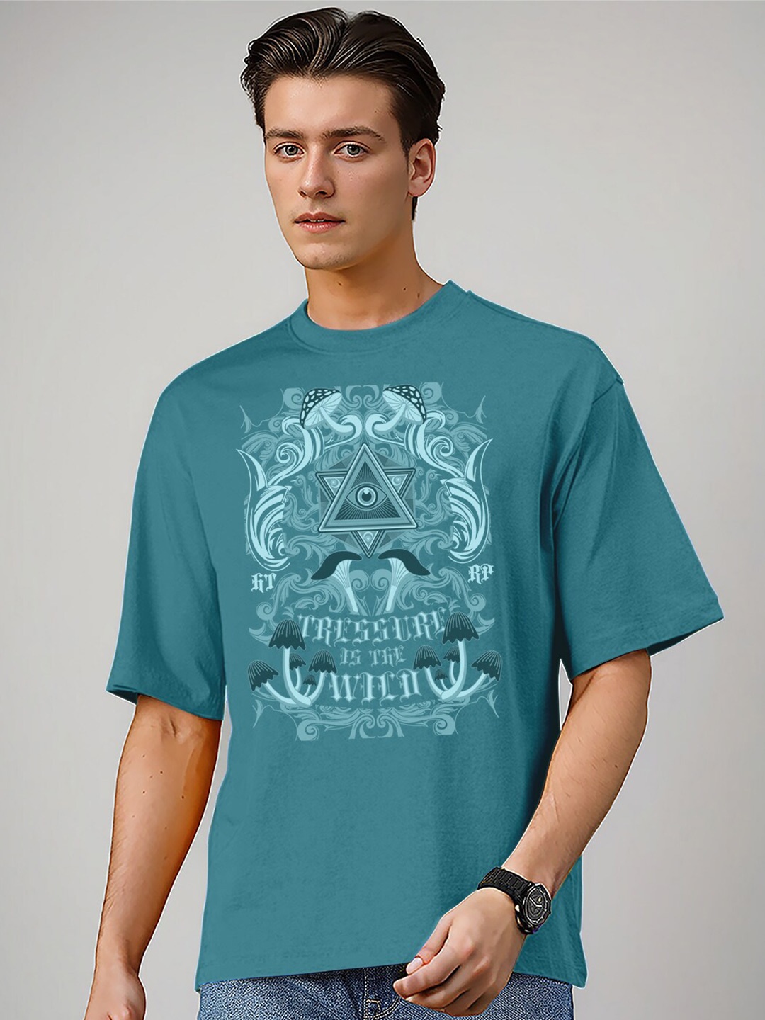 

Huetrap Graphic Printed Relaxed Fit Cotton T-shirt, Teal