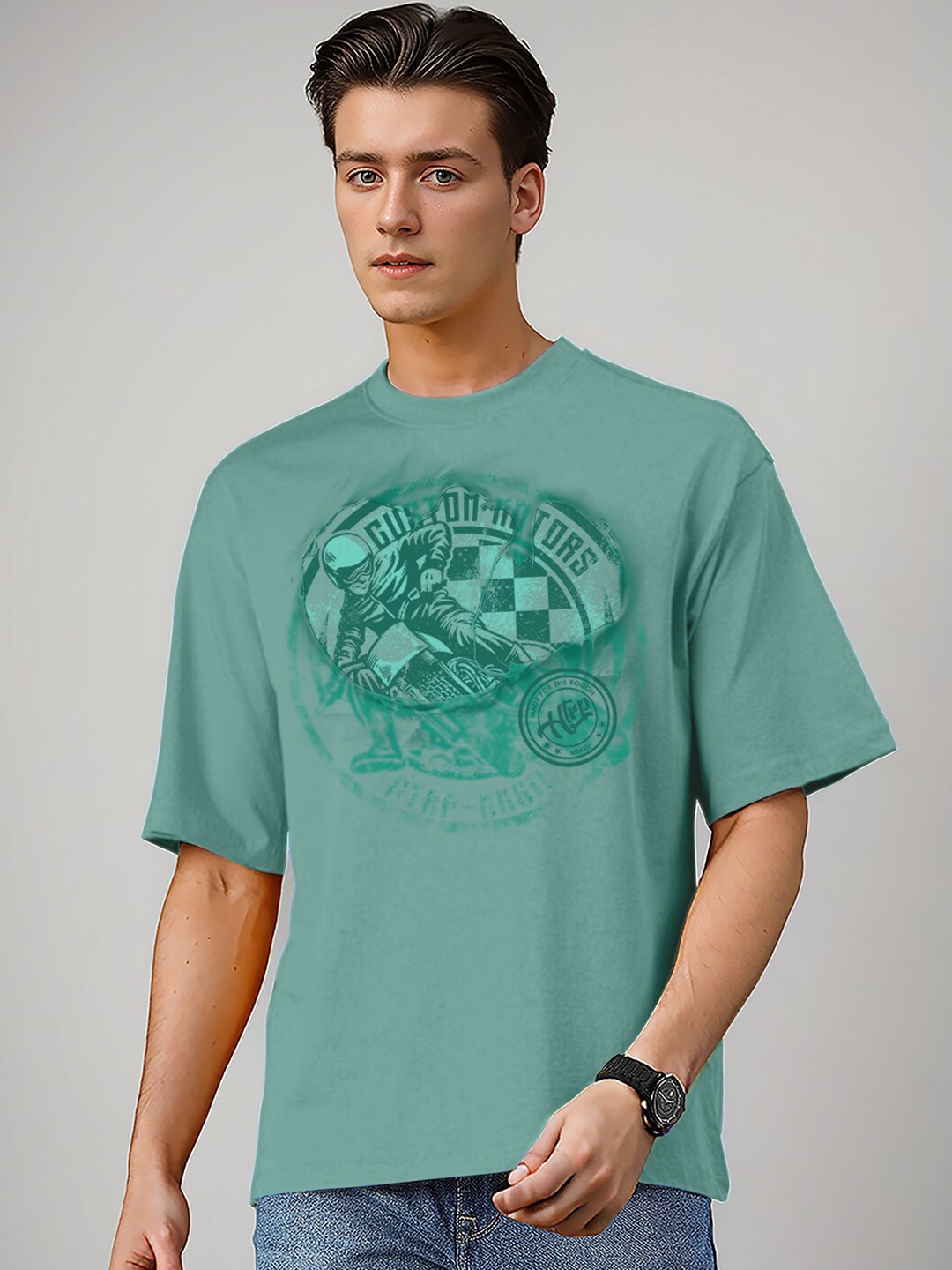 

Huetrap Biker Printed Relaxed Fit Cotton T-shirt, Blue