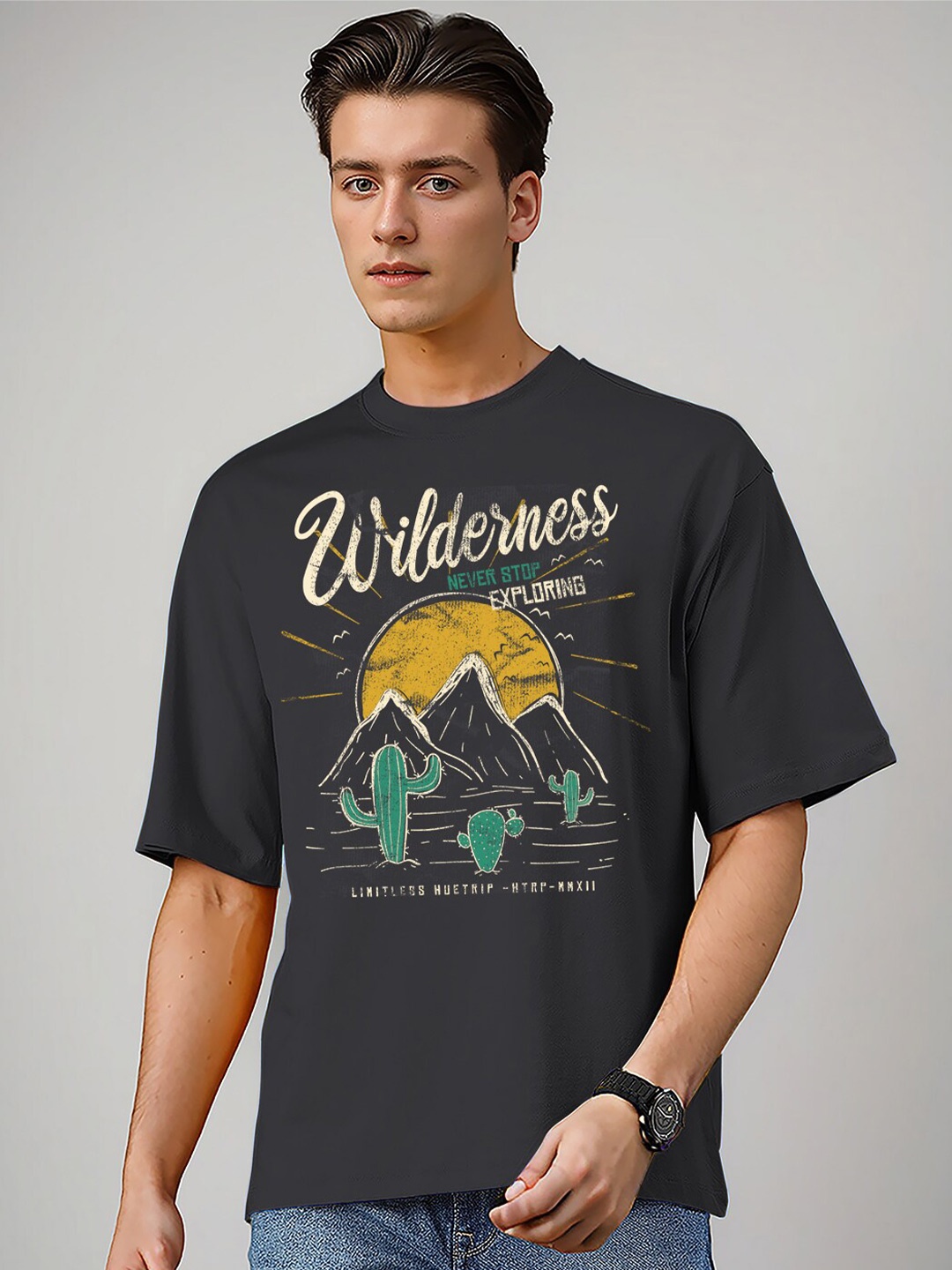 

Huetrap Graphic Printed Relaxed Fit Cotton T-shirt, Charcoal
