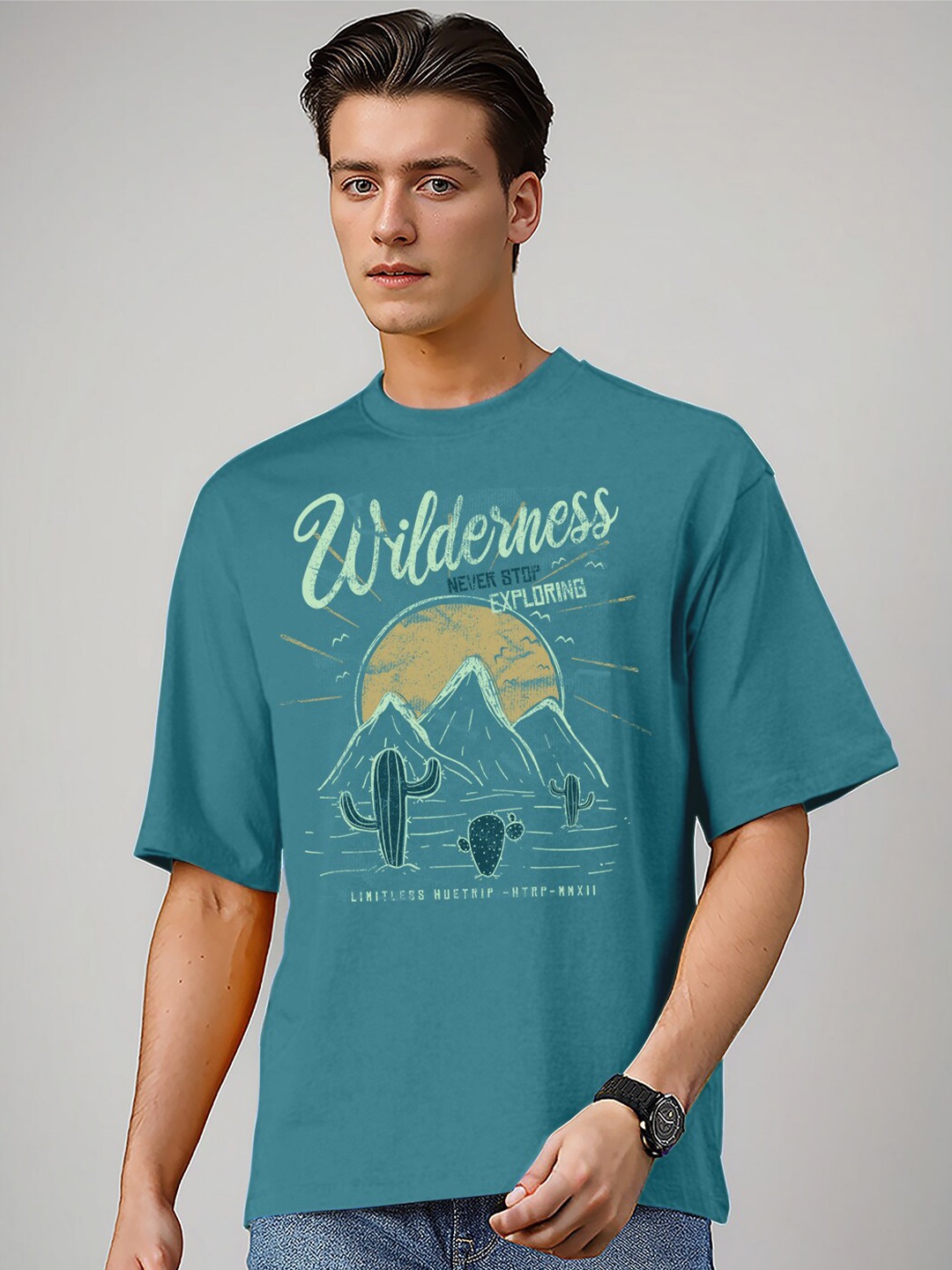 

Huetrap Graphic Printed Relaxed Fit Cotton T-shirt, Teal