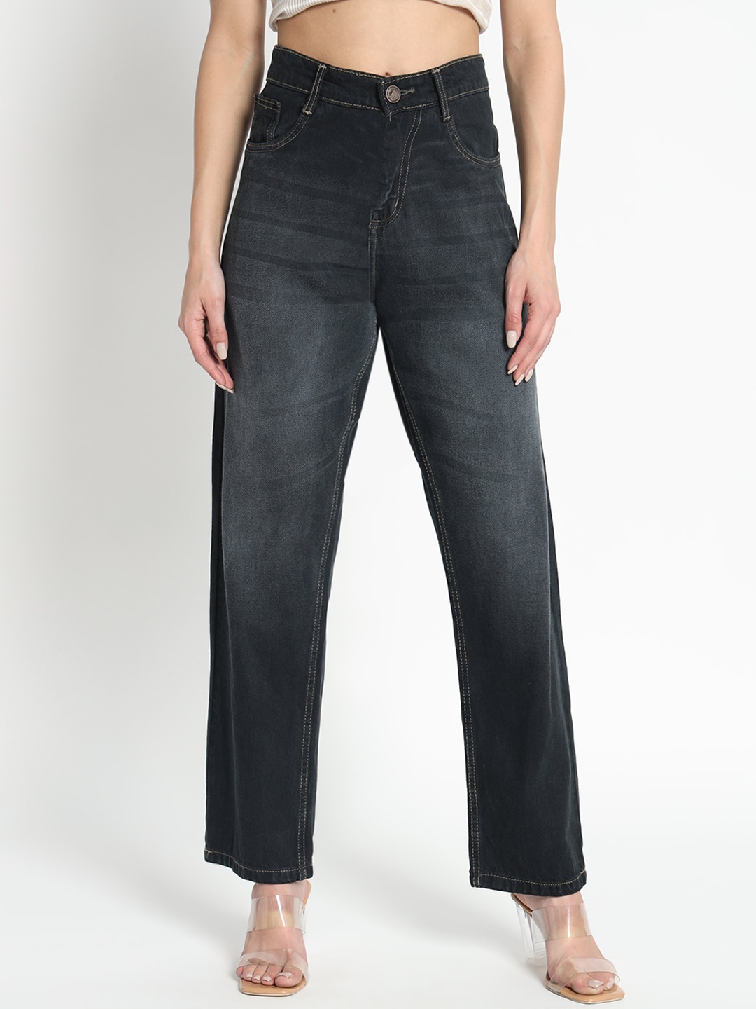 

BAESD Women Jean Straight Fit Cotton High-Rise Heavy Fade Jeans, Grey