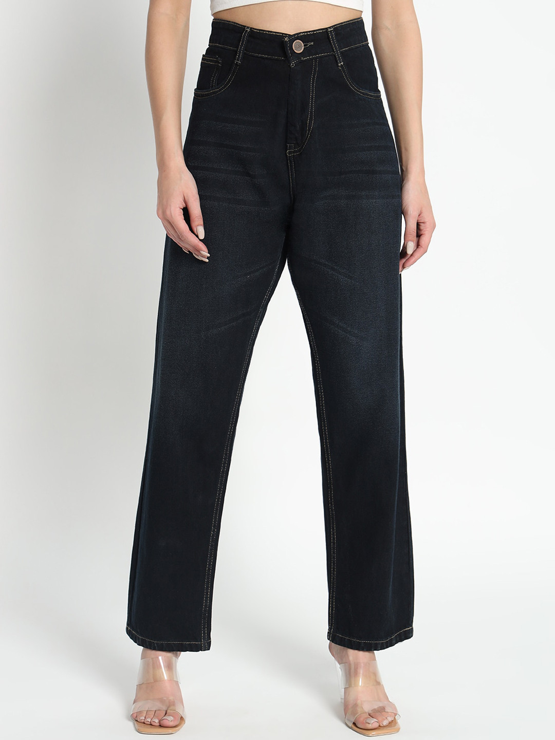 

BAESD Women Jean Straight Fit High-Rise Clean Look Cotton Jeans, Black