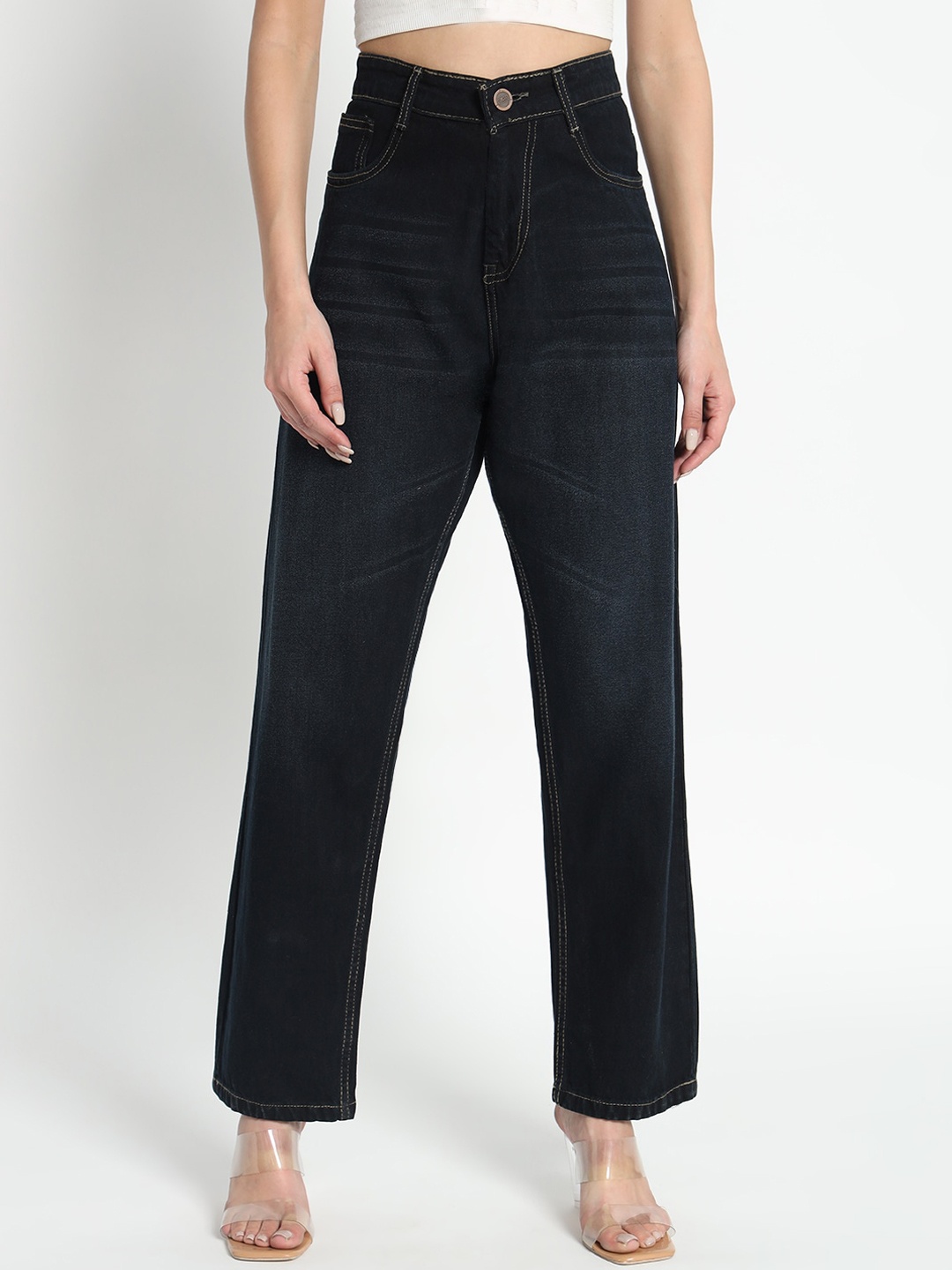 

BAESD Women Jean Straight Fit High-Rise Clean Look Cotton Jeans, Black