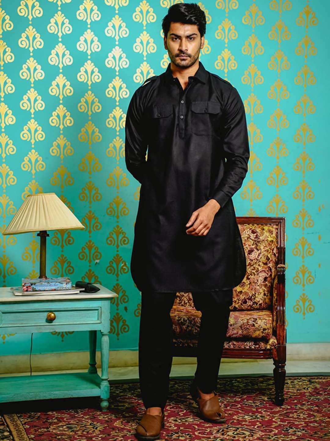 

Be Desi Regular Patchwork Kurta With Pyjamas, Black