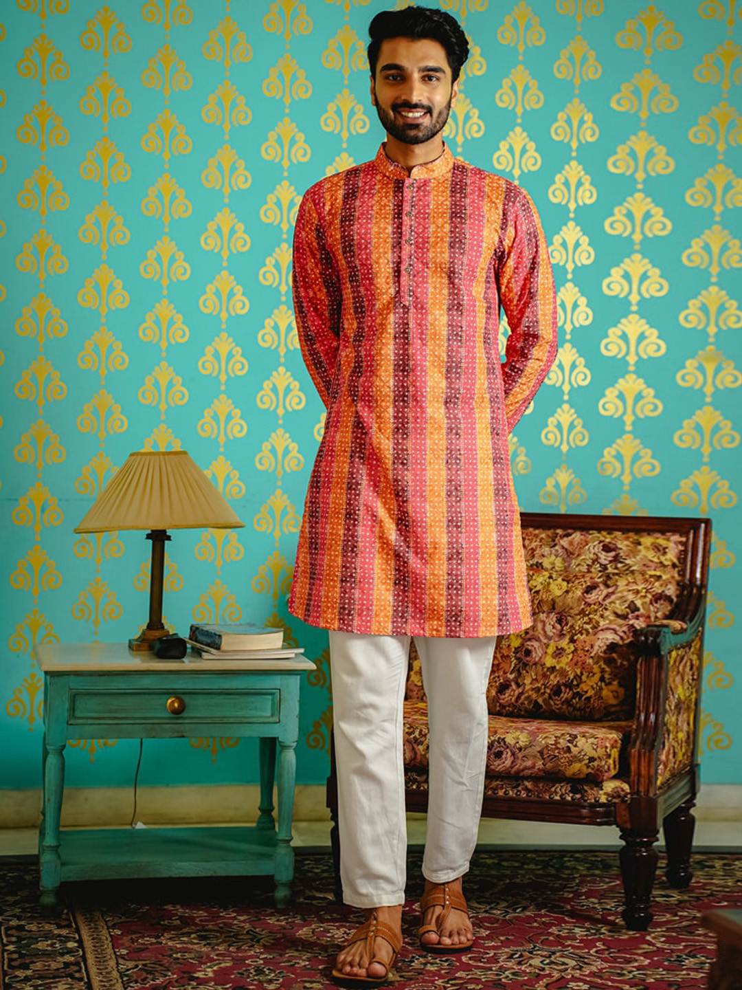 

Be Desi Bandhani Striped Regular Sequinned Kurta With Pyjamas, Orange