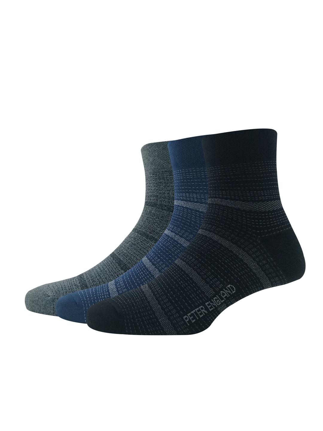 

Peter England Men Pack Of 3 Striped Cotton Quarter Length Socks, Black
